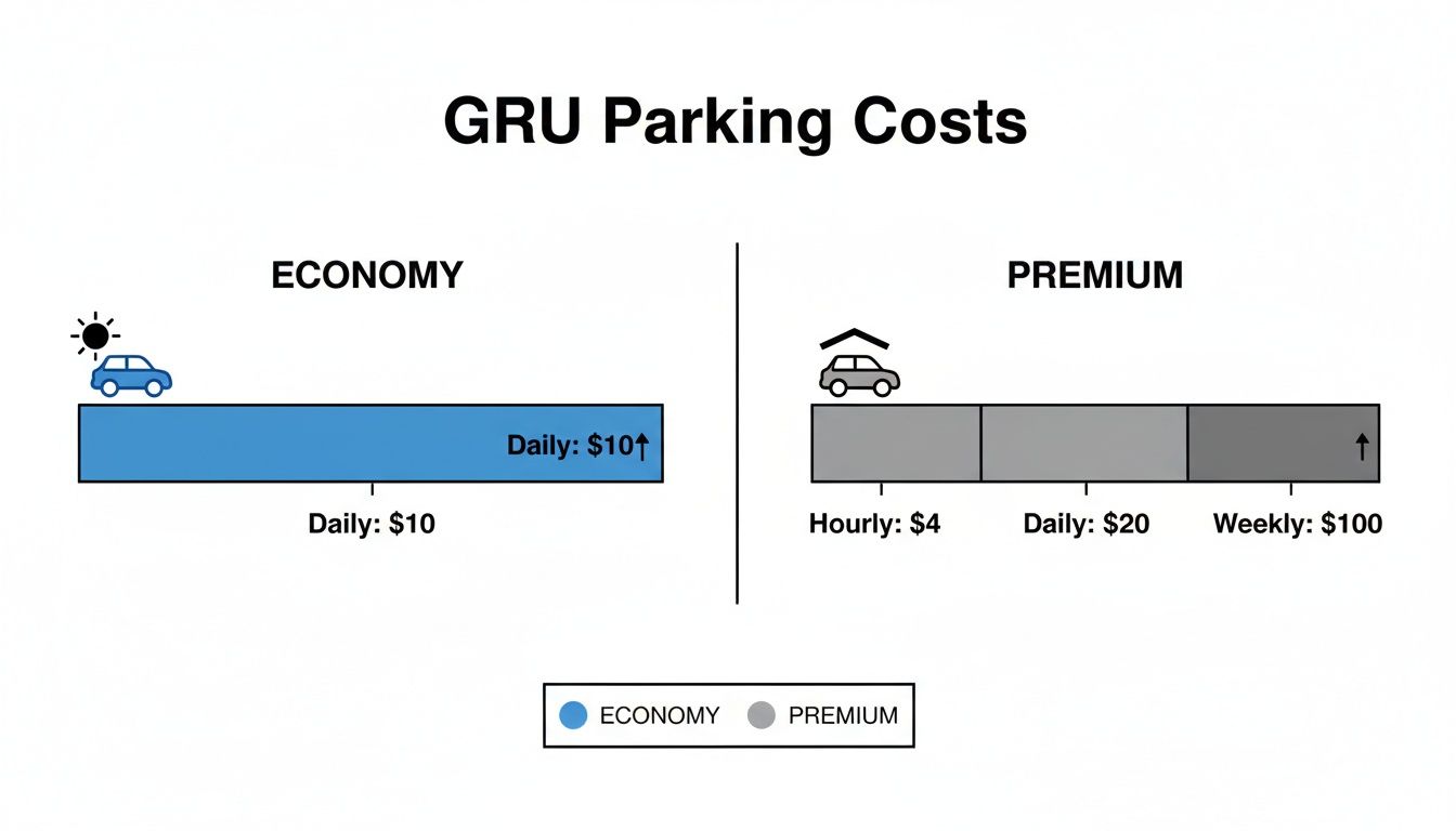Quanto Custa O Estacionamento Do Aeroporto De Guarulhos A Full Guide Chart illustrating GRU Airport parking prices for Economy and Premium options with daily, hourly, and weekly rates.