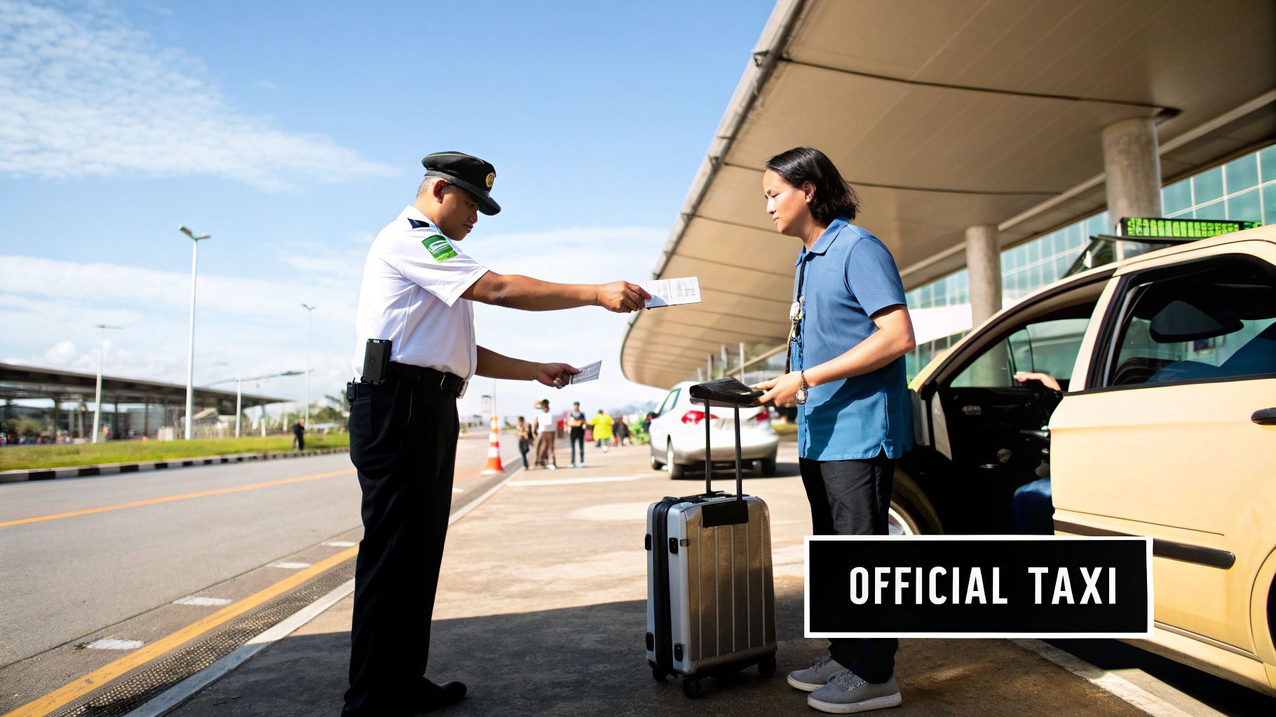 Guia Completo: taxi do aeroporto de guarulhos A security guard hands tickets to a man with luggage next to an official taxi at an airport.