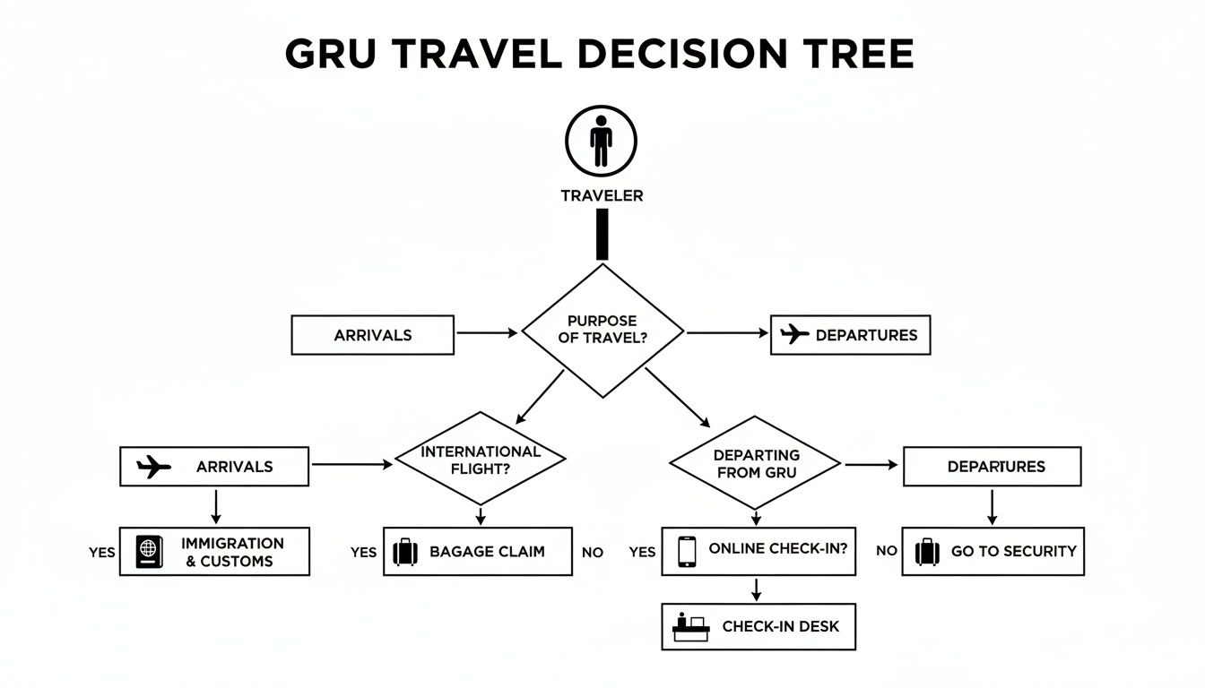 A Traveler's Guide to GRU Airport Flights Flowchart depicting the GRU airport travel decision tree for arrivals and departures.