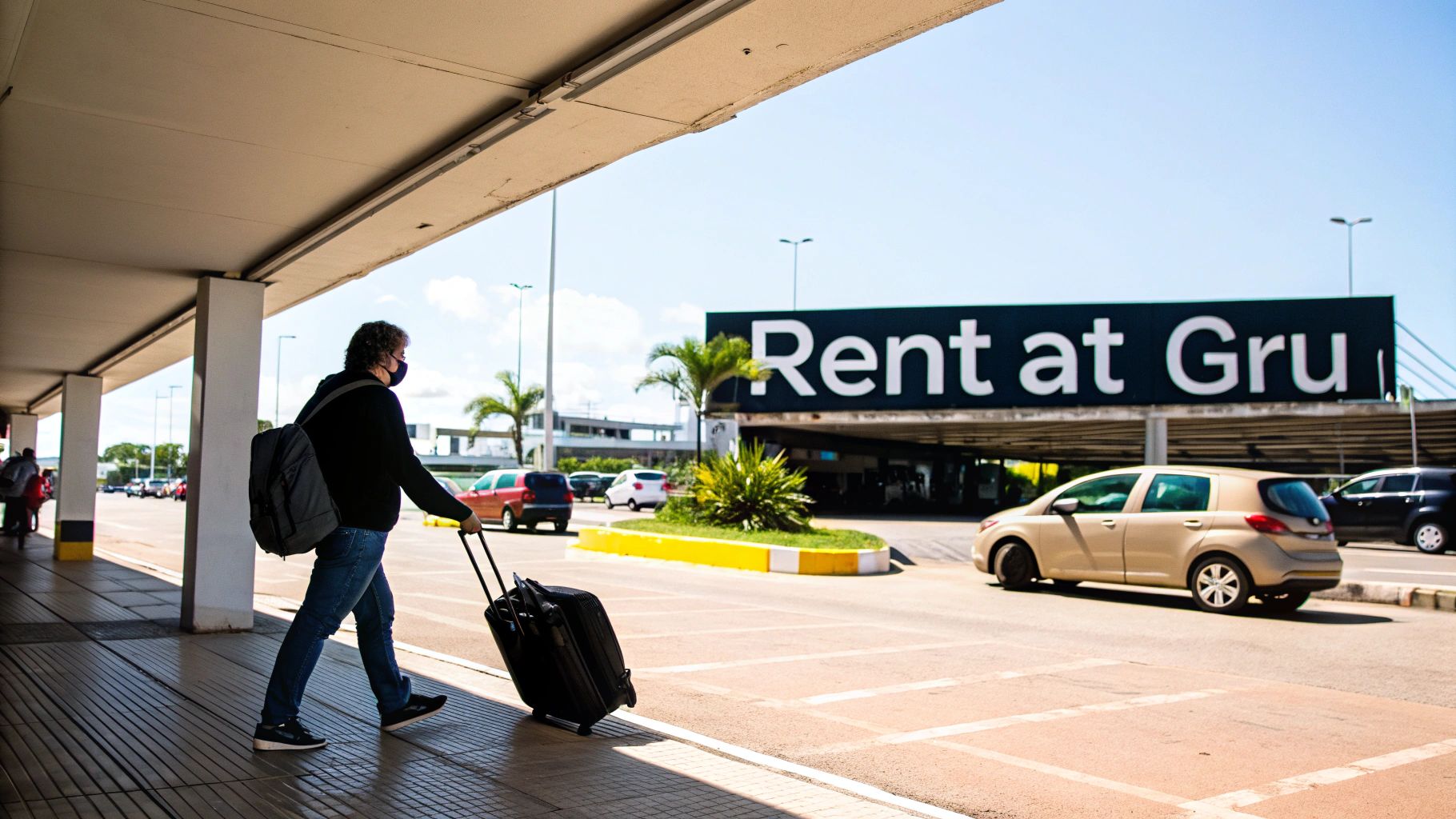 Your Guide to Rental Car Sao Paulo Guarulhos Airport Man wearing a mask pulls luggage at an airport car rental area under a "Rent at Gru" sign.