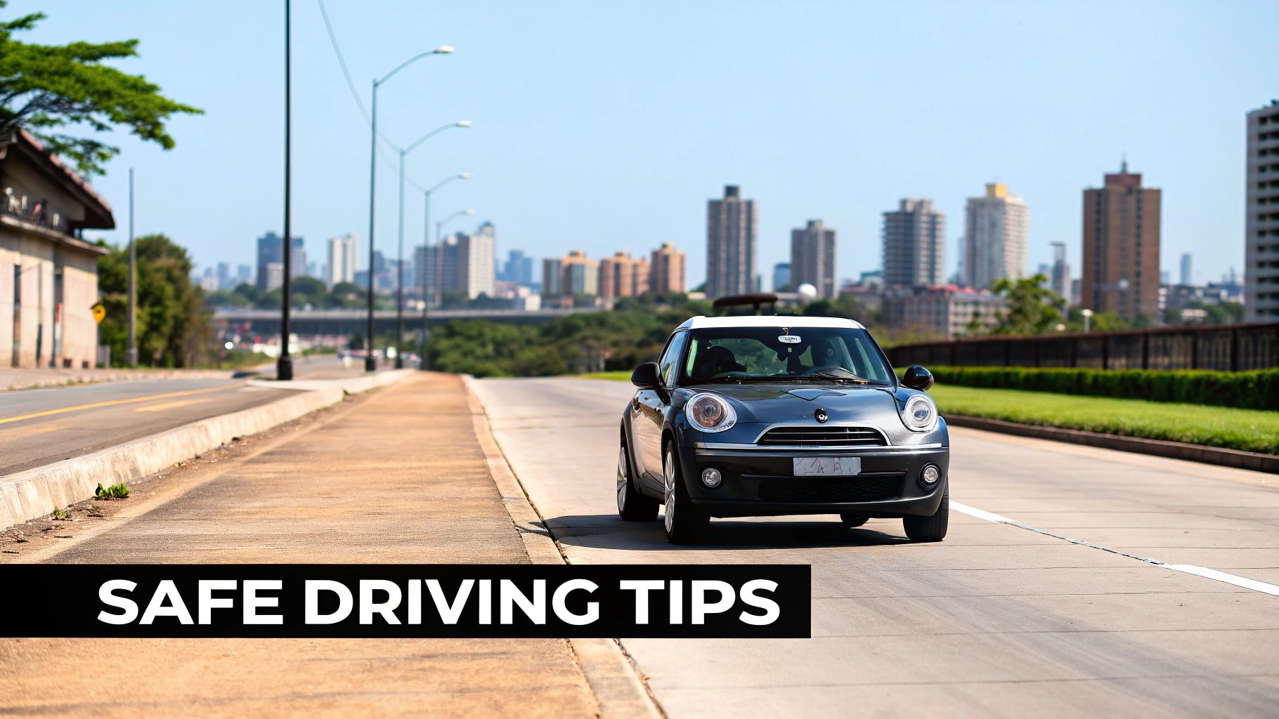 A grey Mini Cooper drives on a city road under a clear sky, with buildings in the background and 'SAFE DRIVING TIPS' text.