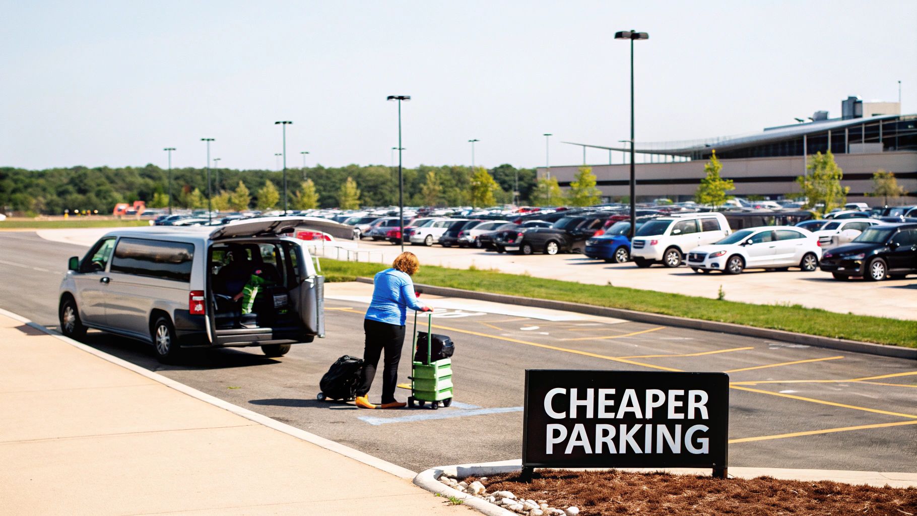 Quanto Custa O Estacionamento Do Aeroporto De Guarulhos A Full Guide A woman with luggage near a van in a sunny parking lot, beside a "CHEAPER PARKING" sign.