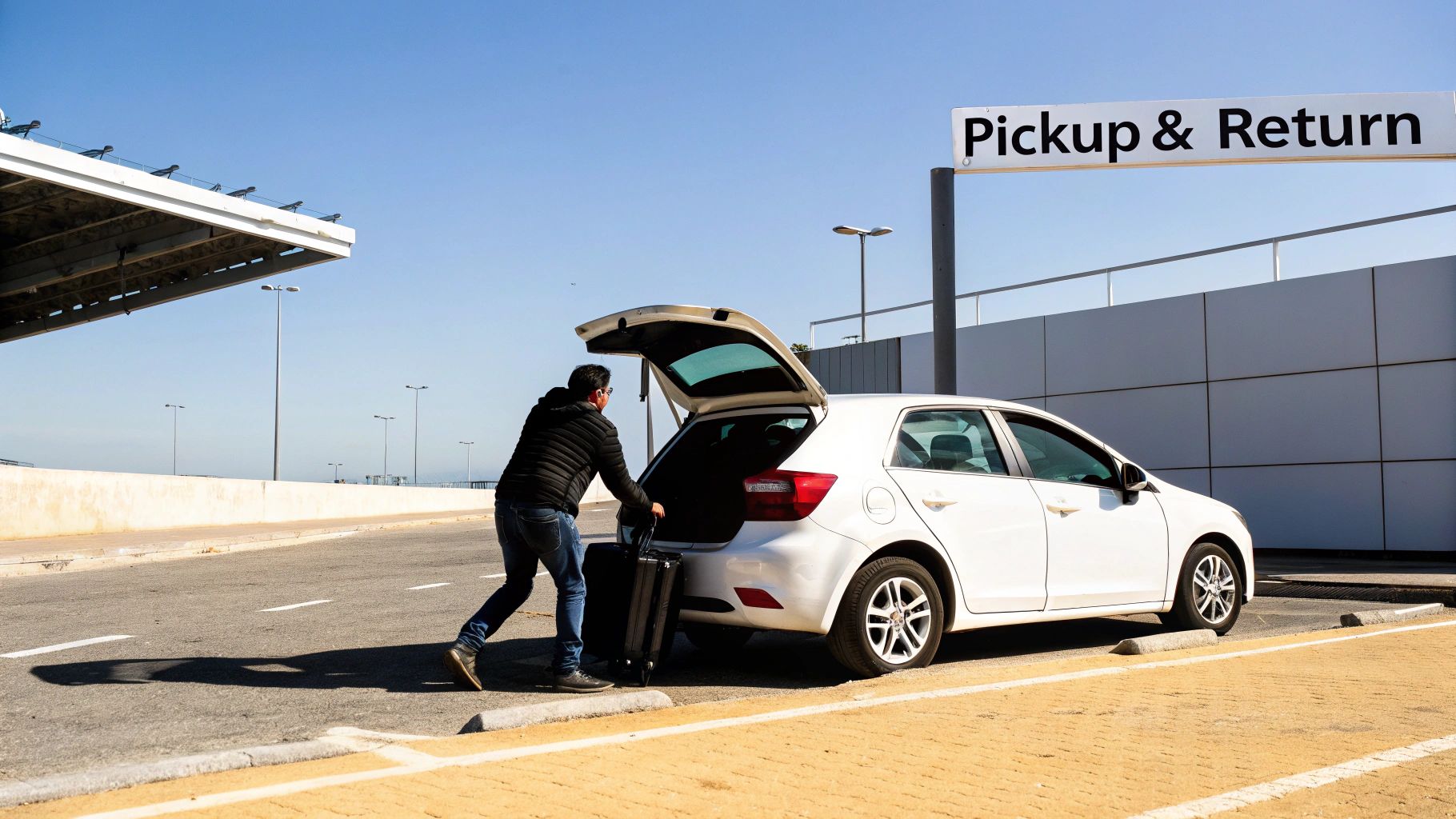 Your Guide to Car Rental Sao Paulo Guarulhos Airport A person loads a black suitcase into a white car's trunk under a 'Pickup & Return' sign.