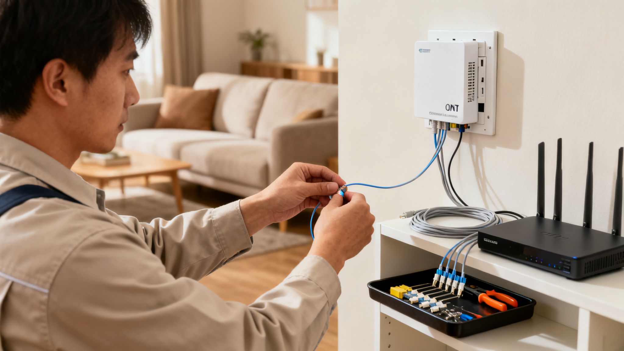 A technician connects fiber optic cables to an ONT device and router for a home internet installation.
