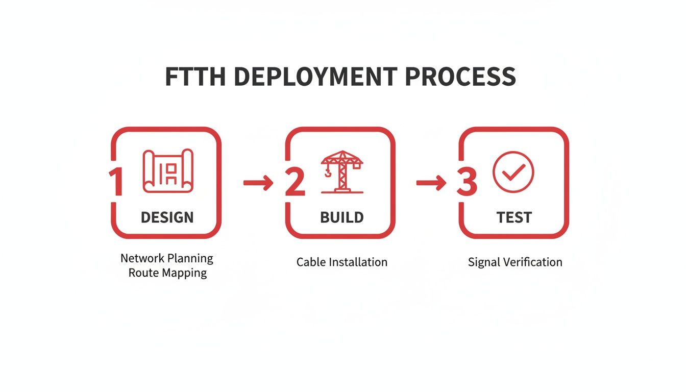 Diagram illustrating the FTTH deployment process, including design, build, and test phases with details.