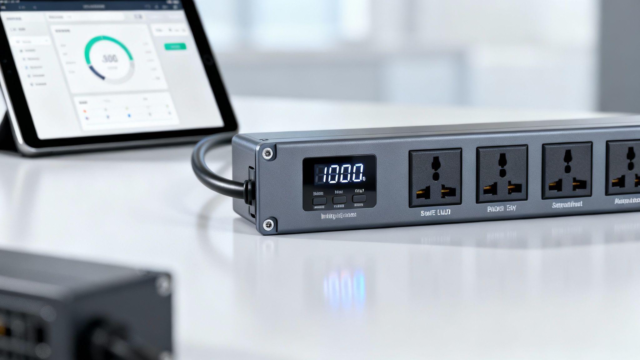 A grey smart power strip with a digital display showing 1000 and multiple universal outlets, with a tablet in the background.