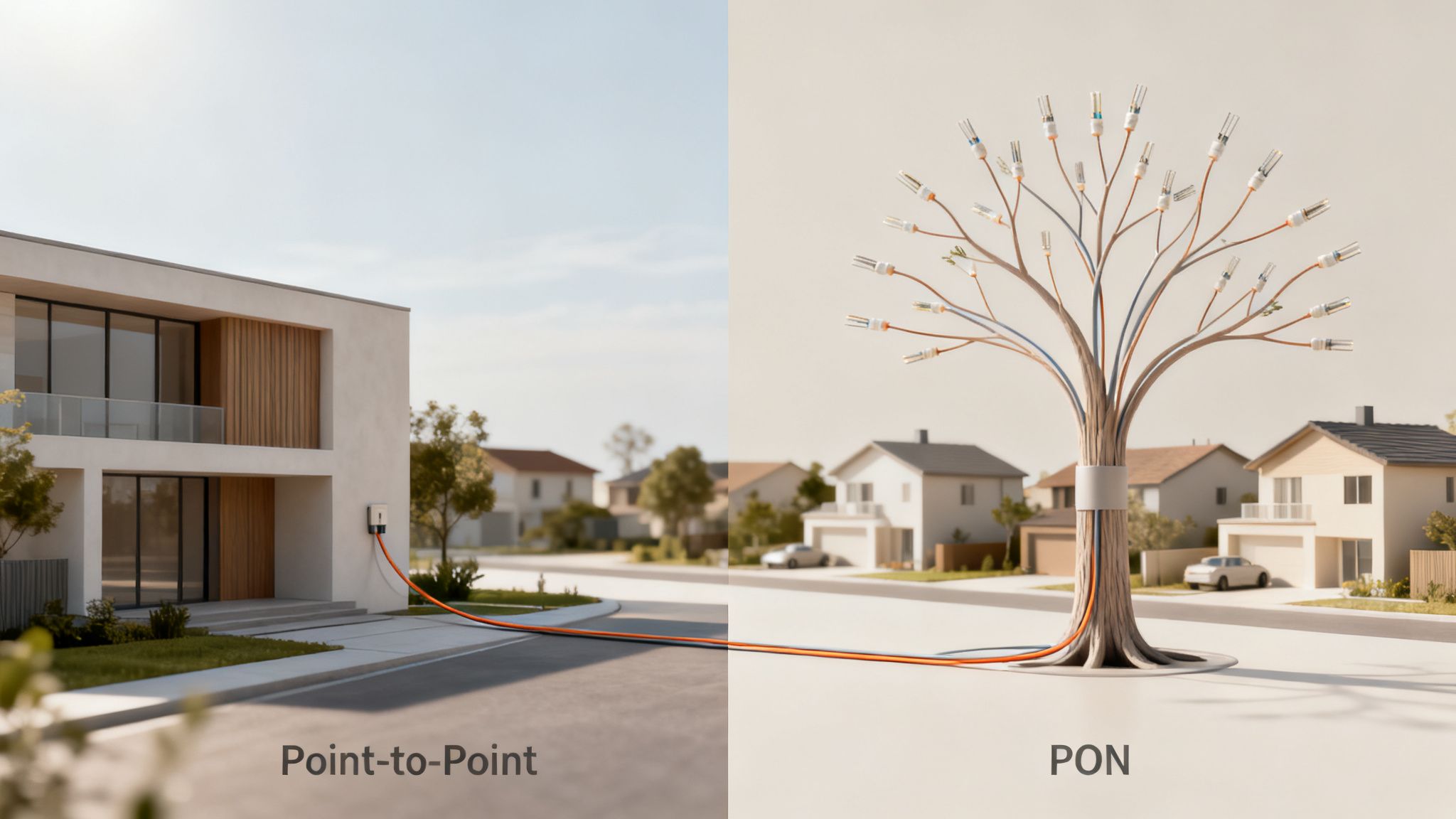 Modern homes showcasing Point-to-Point and PON fiber optic network installations for FTTH.