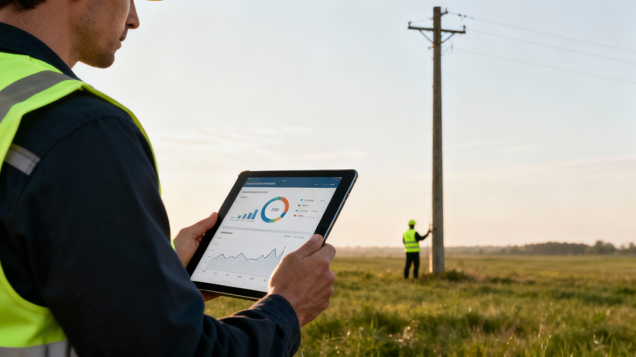 Two power line construction contractors examining data on a tablet in a grassy field at sunset.