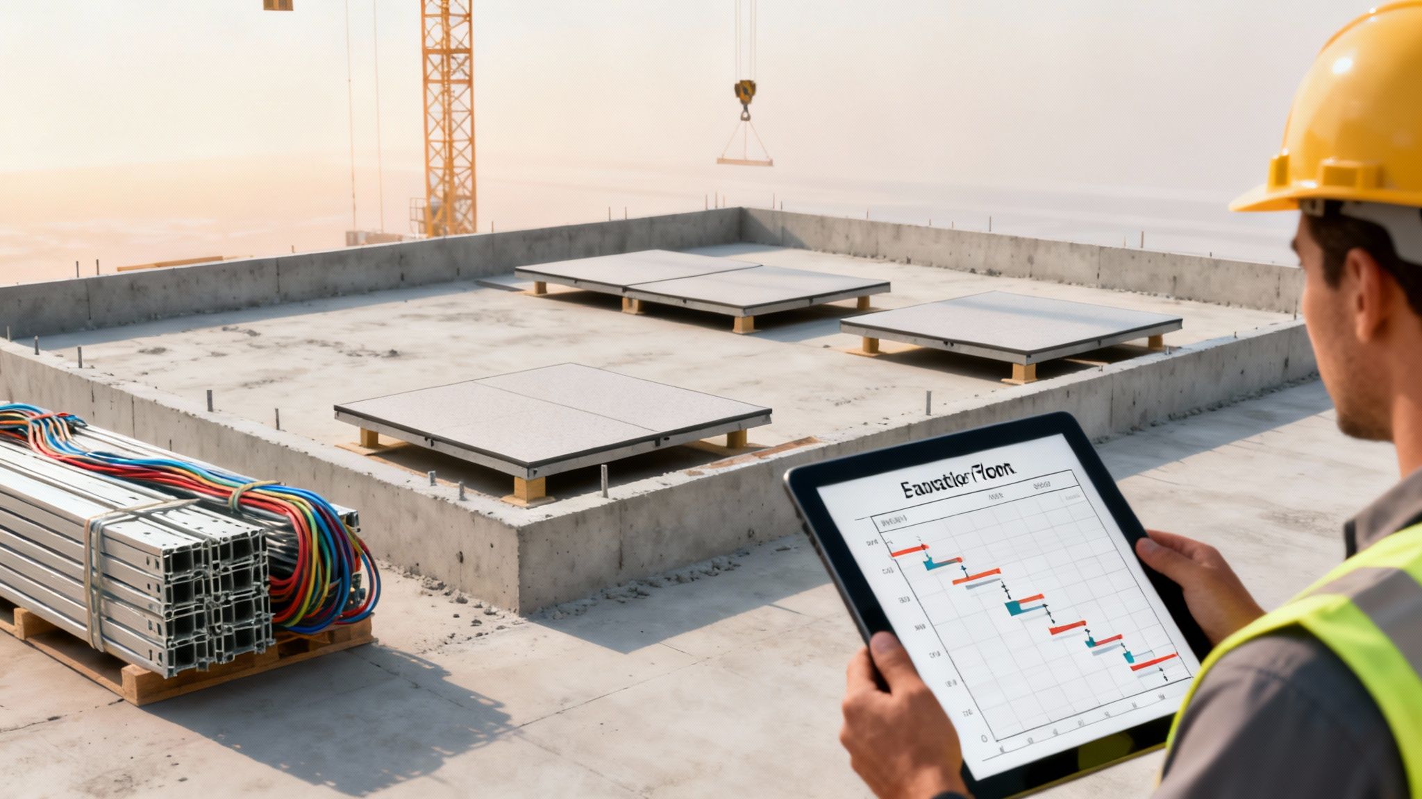 A construction worker in a hard hat and safety vest holds a tablet showing a project schedule on a rooftop construction site.