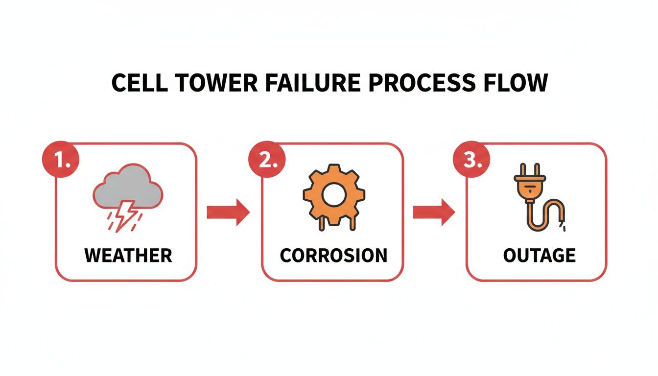 A flowchart illustrates the cell tower failure process: weather leads to corrosion, resulting in an outage.