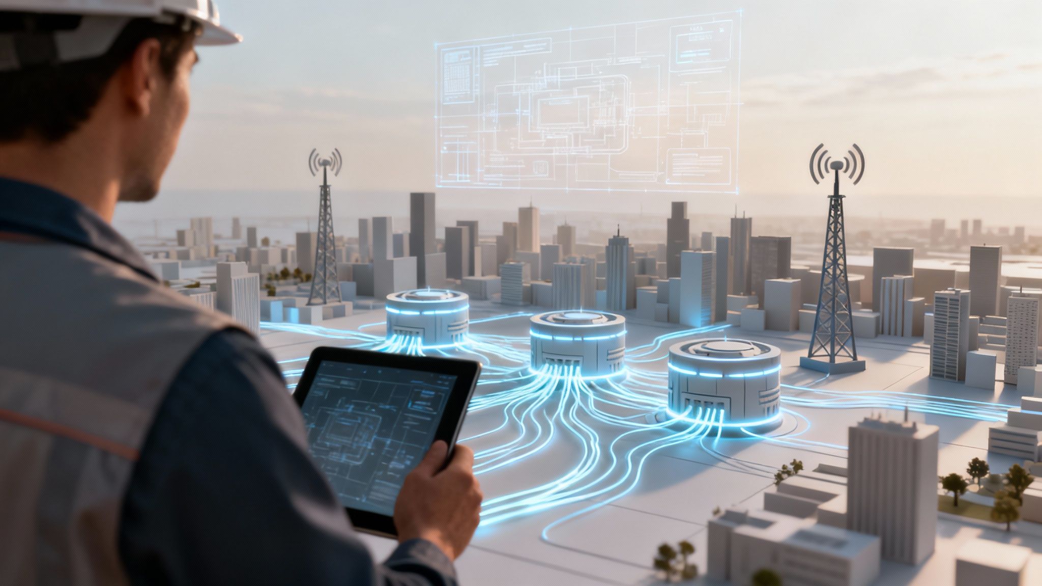 Engineer views a smart city model with glowing data connections and network towers, managing systems on a tablet.