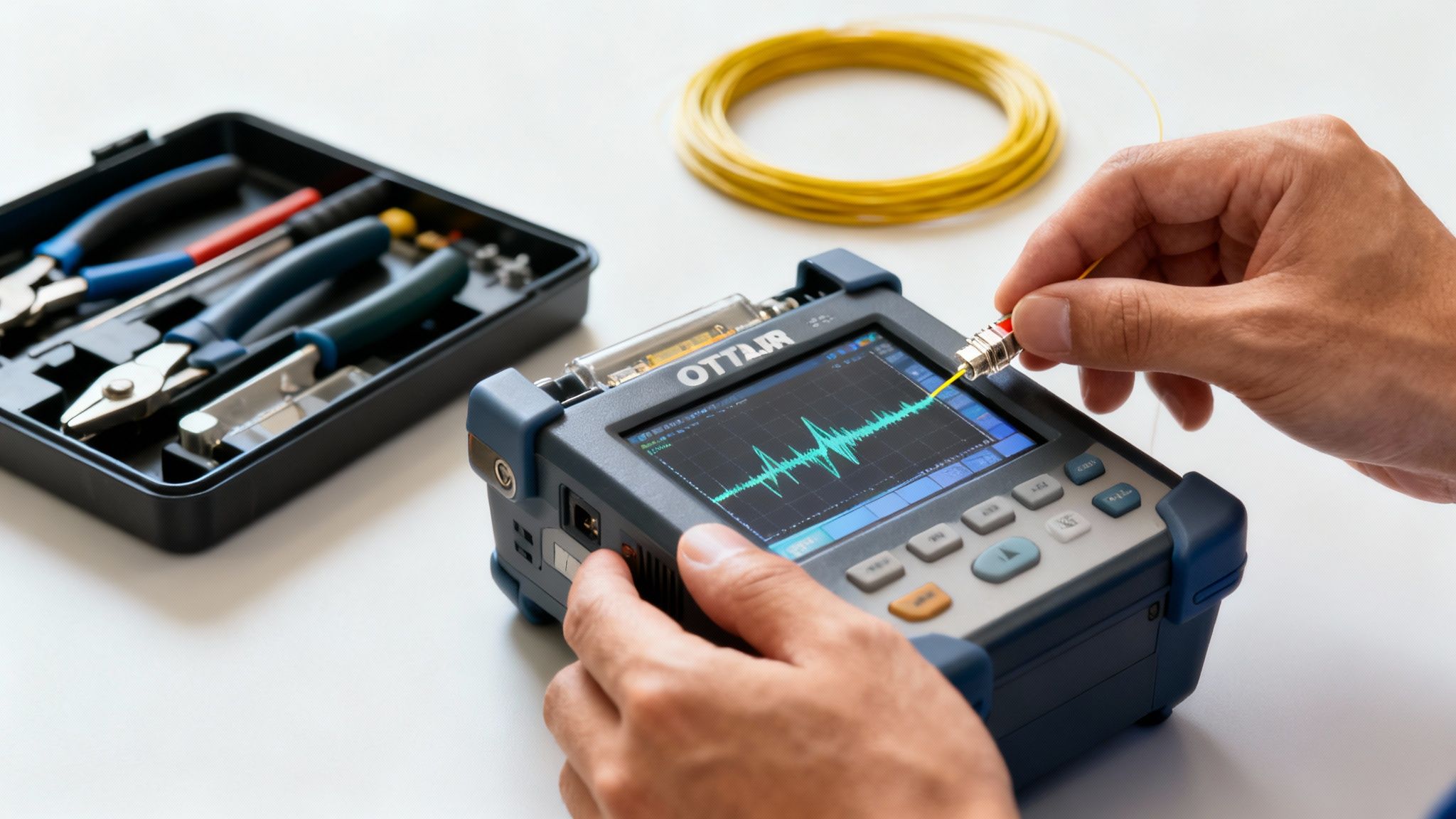 A technician connects a yellow fiber optic cable to an OTDR device showing a waveform, with tools nearby.