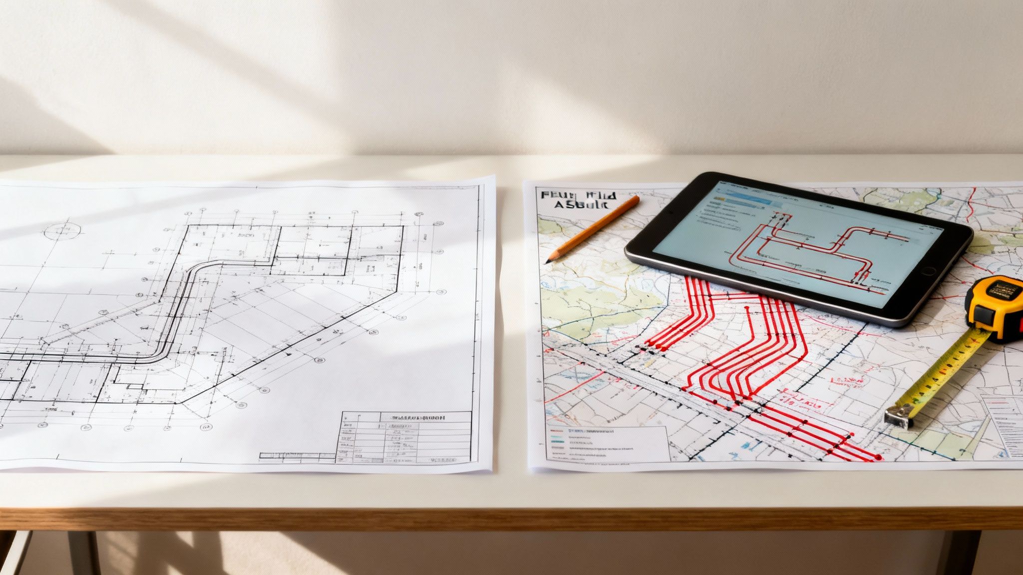 Desk with construction blueprints, an 'as-built' map, tablet displaying plans, a pencil, and tape measure.