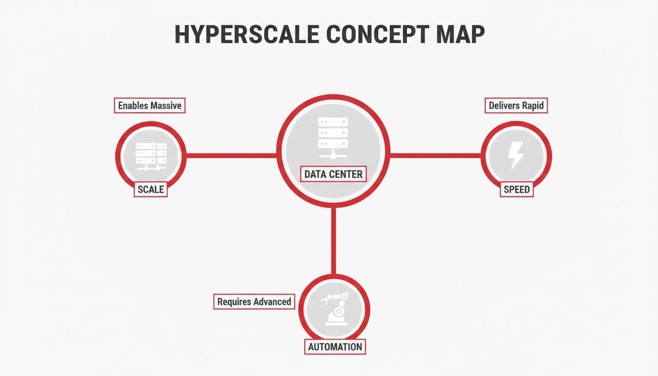 A hyperscale concept map showing a data center connected to scale, speed, and automation principles.