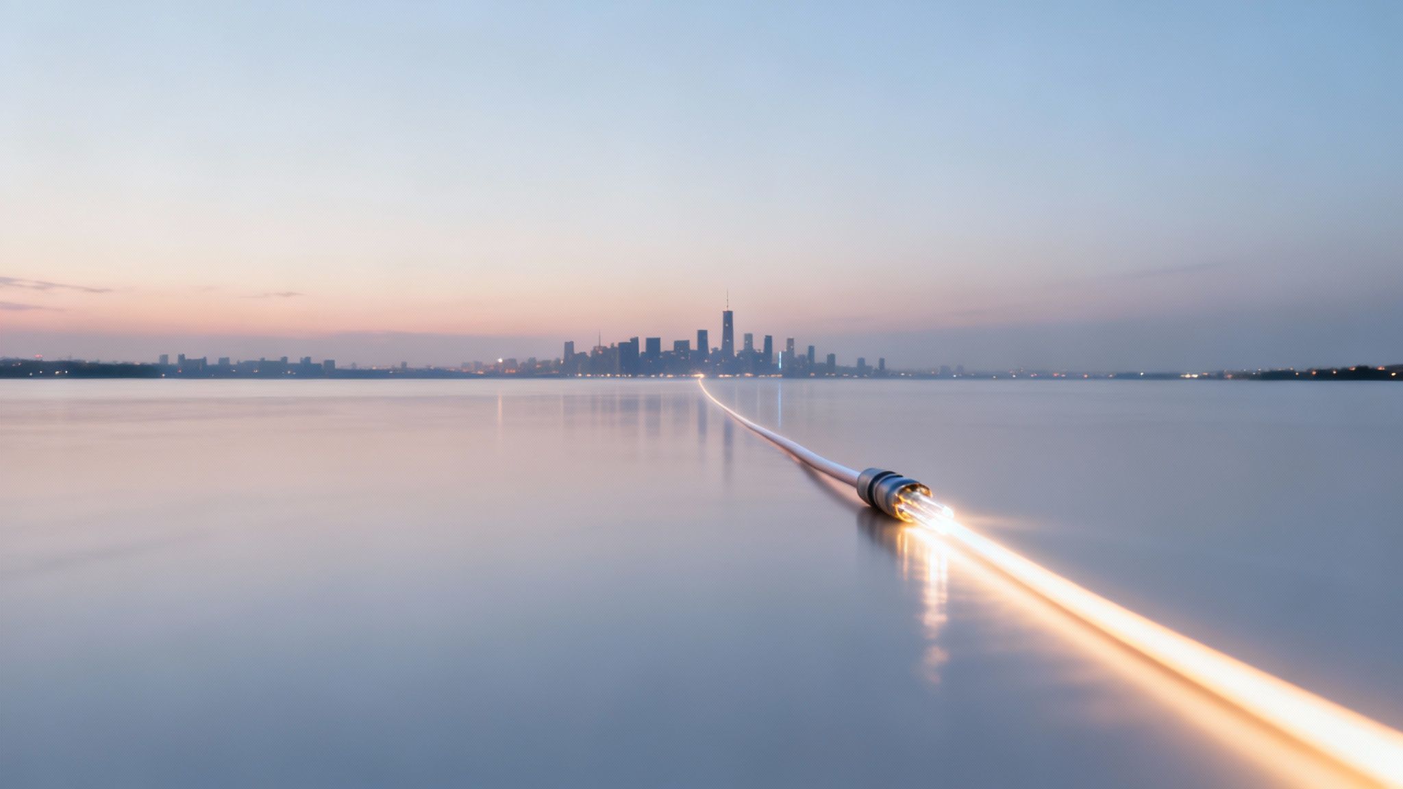 A bright fiber optic cable extends across calm water towards a distant city skyline at dusk.