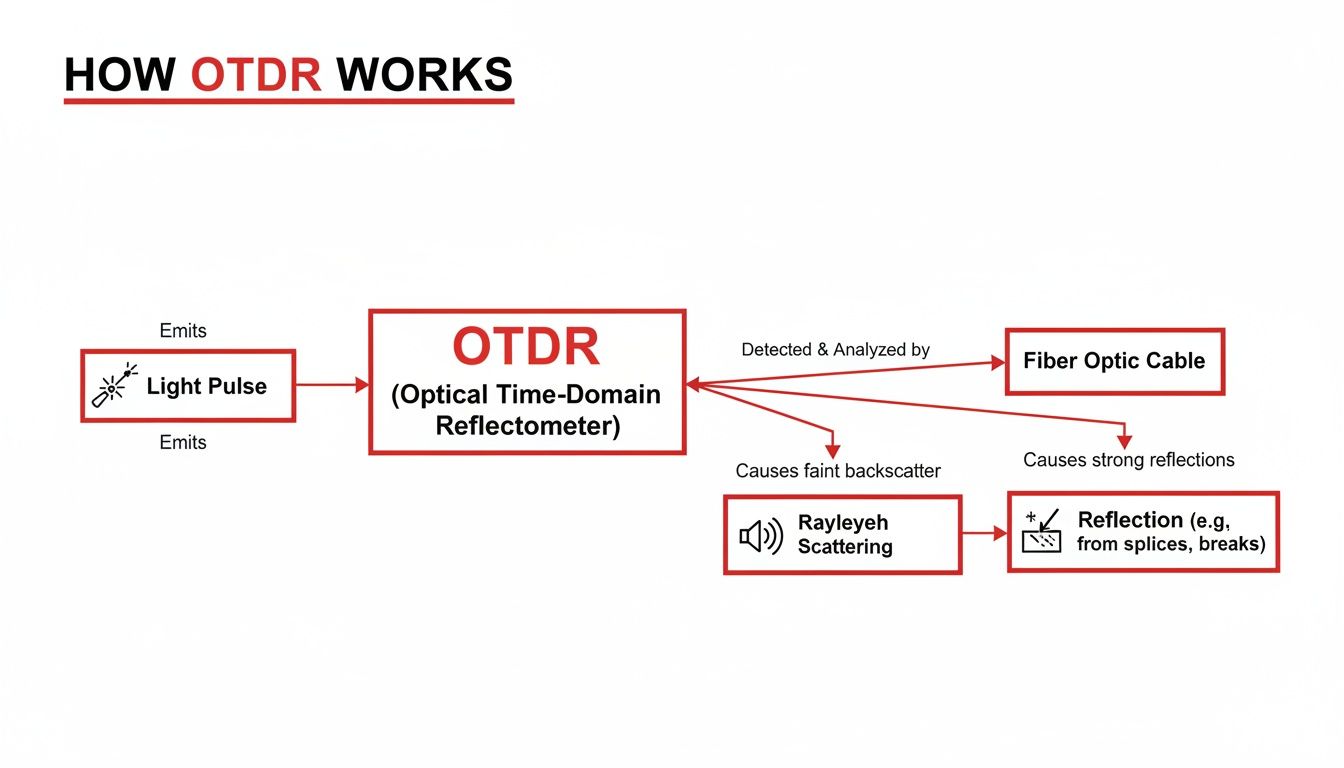 A flowchart explaining how an OTDR (Optical Time-Domain Reflectometer) works with fiber optic cables.