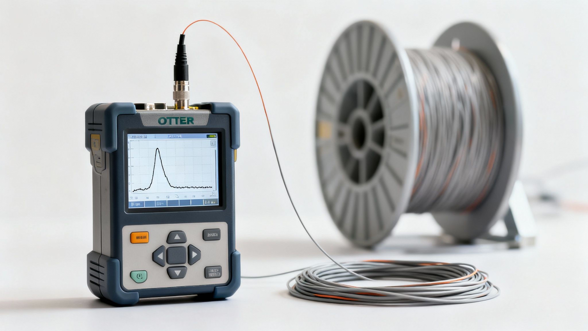 An OTDR device tests fiber optic cable, displaying a signal graph, with a cable spool in the background.