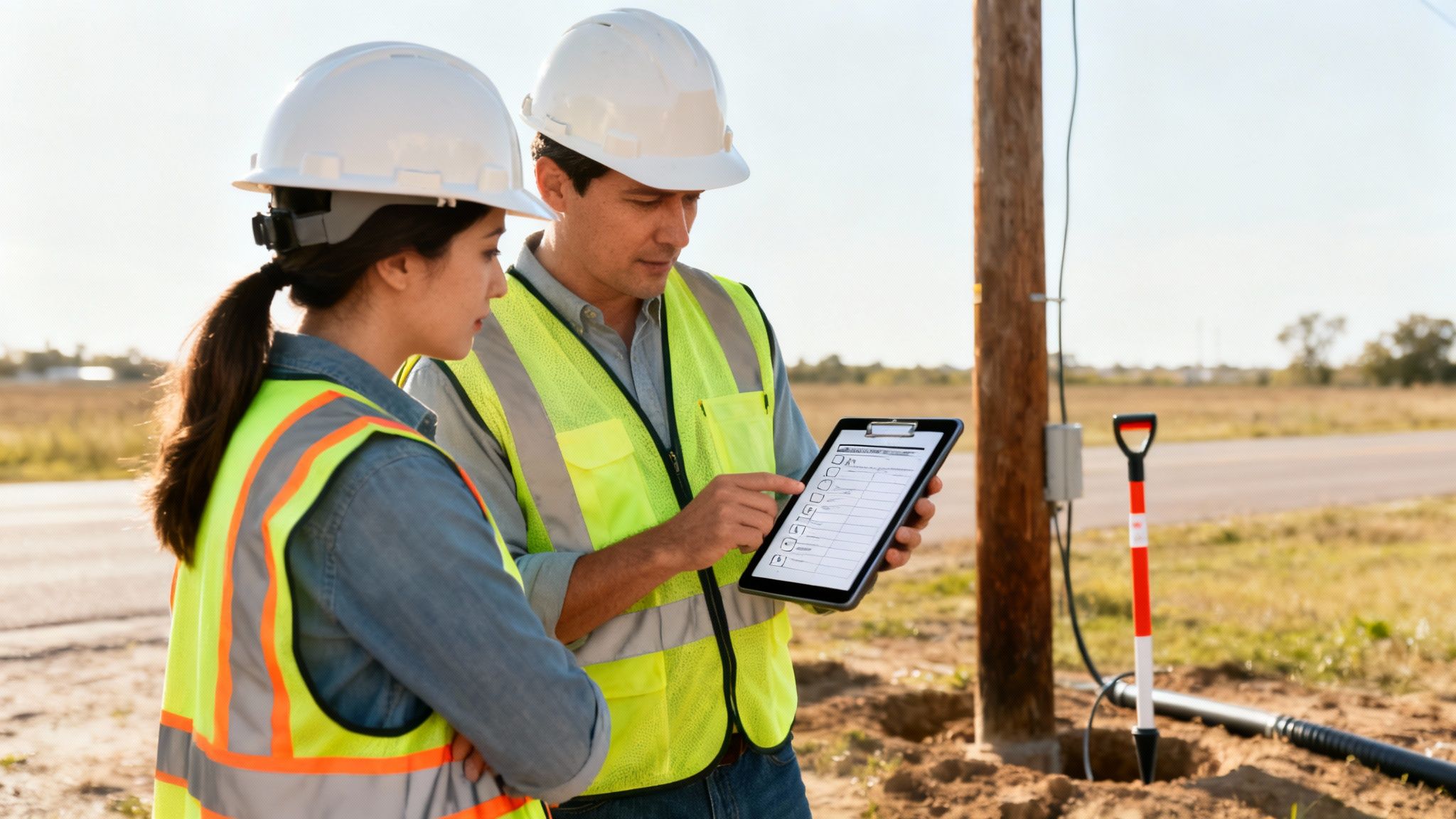 Utility workers in hard hats and vests reviewing a digital checklist on a tablet at a construction site.