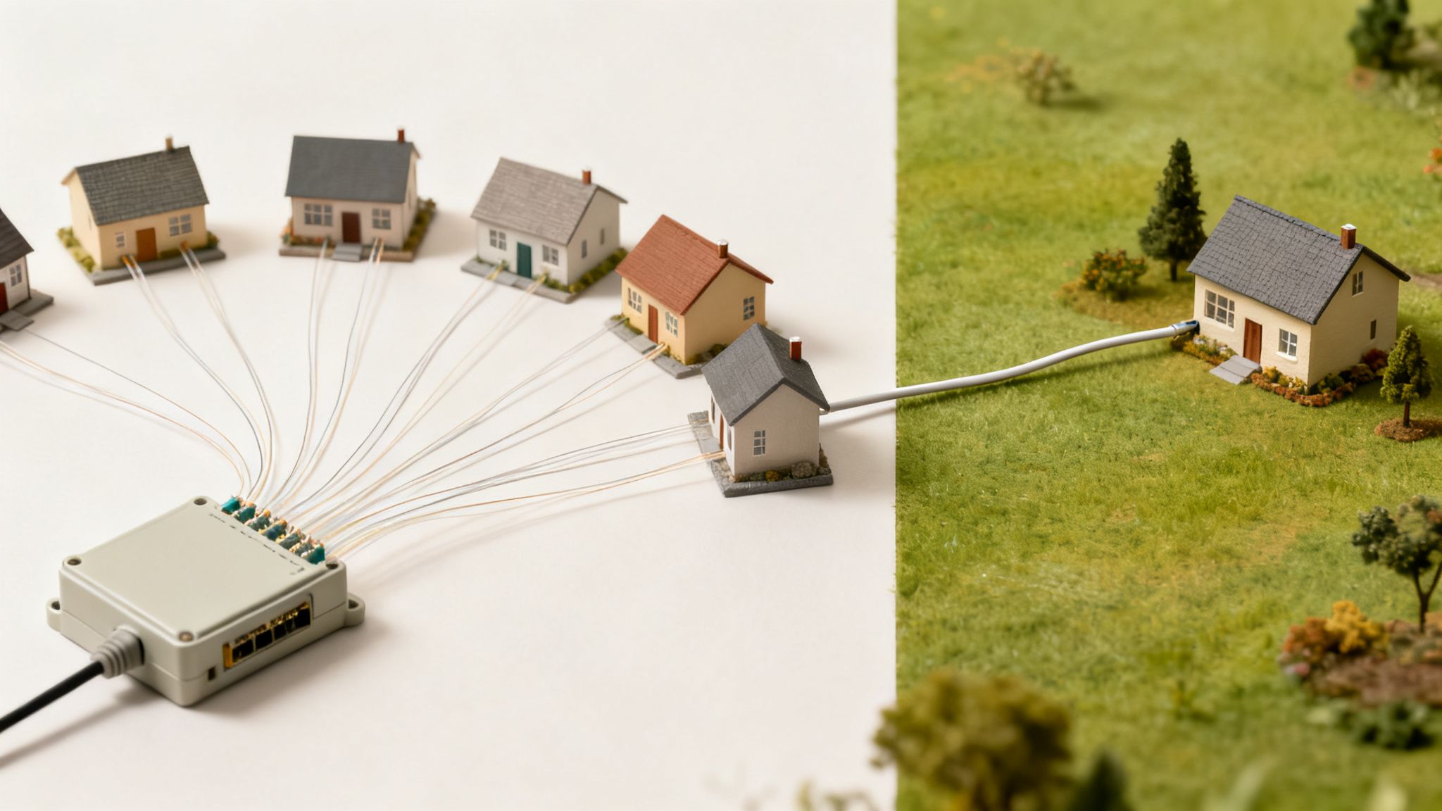 Miniature homes demonstrate fiber-to-the-home (FTTH) internet connectivity with a central distribution box and rural connection.