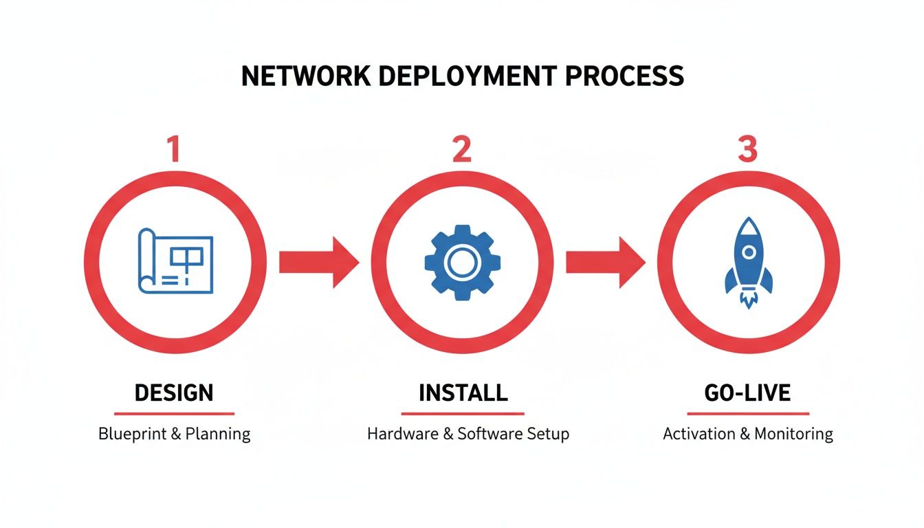 Visualizing the network deployment process in three steps: Design, Install, and Go-Live with relevant icons.