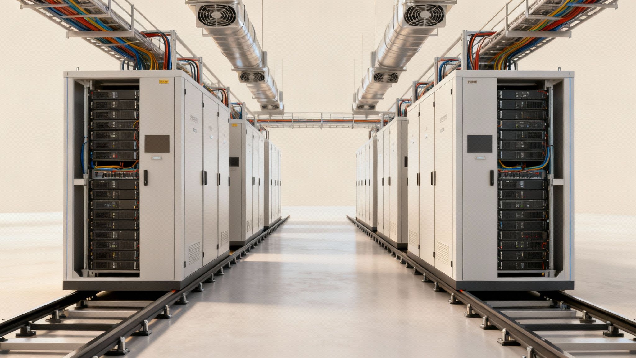 A modern hyperscale data center aisle with rows of server racks, complex cabling, and ventilation systems.