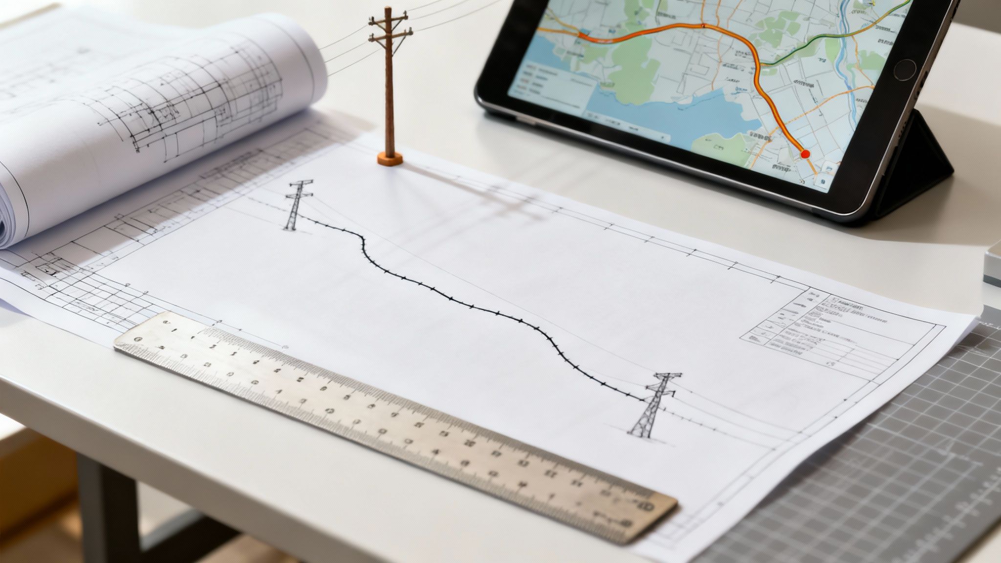 Detailed blueprint of a power line construction project with a model pole, ruler, and digital map on a tablet.