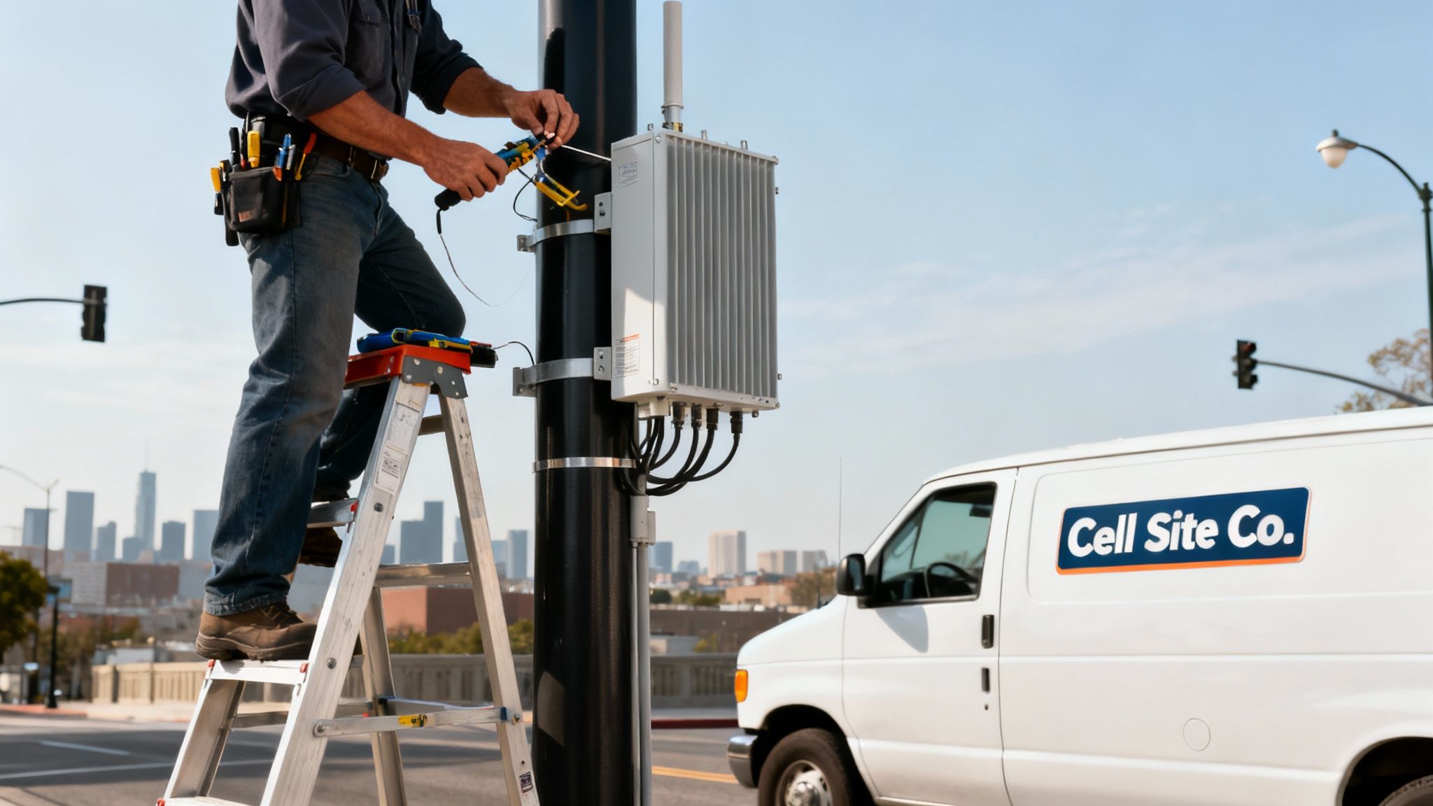 A technician on a ladder installs a cellular communication device on a pole next to a 'Cell Site Co.' van with a city skyline.