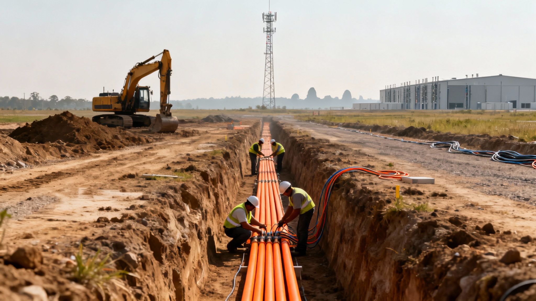 Four construction workers connect bright orange conduits in a long trench with an excavator and communication tower.