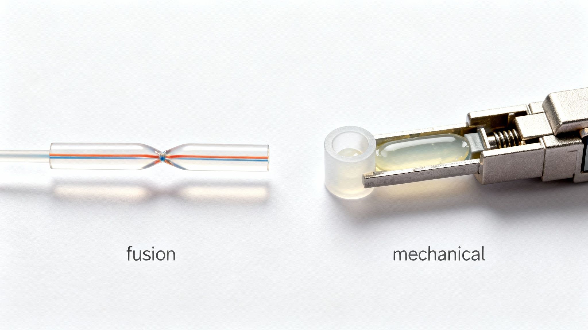 Two distinct methods of joining fiber optic cables: fusion splice on left, mechanical splice on right.