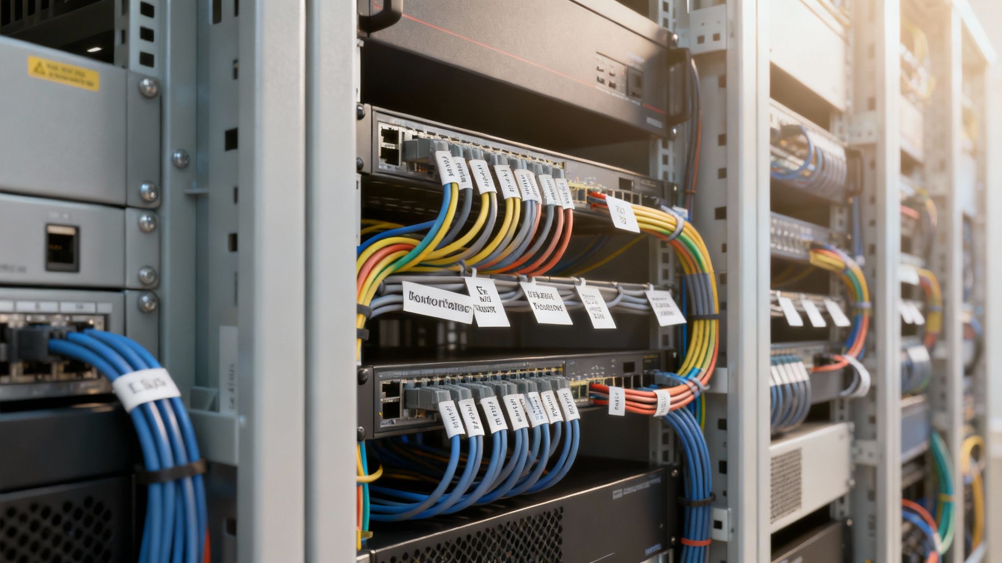 Colorful, labeled network cables connecting switches within a modern data center server rack.