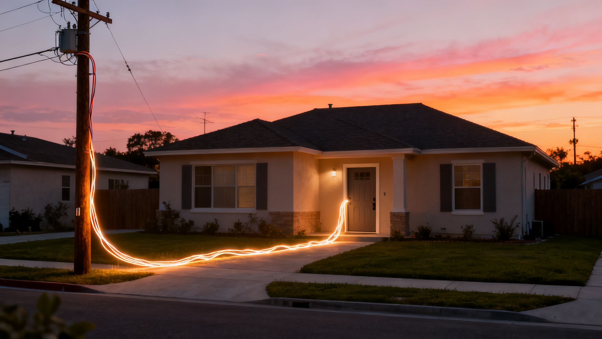 Glowing orange line connecting a utility pole to a house at sunset, representing fast internet.