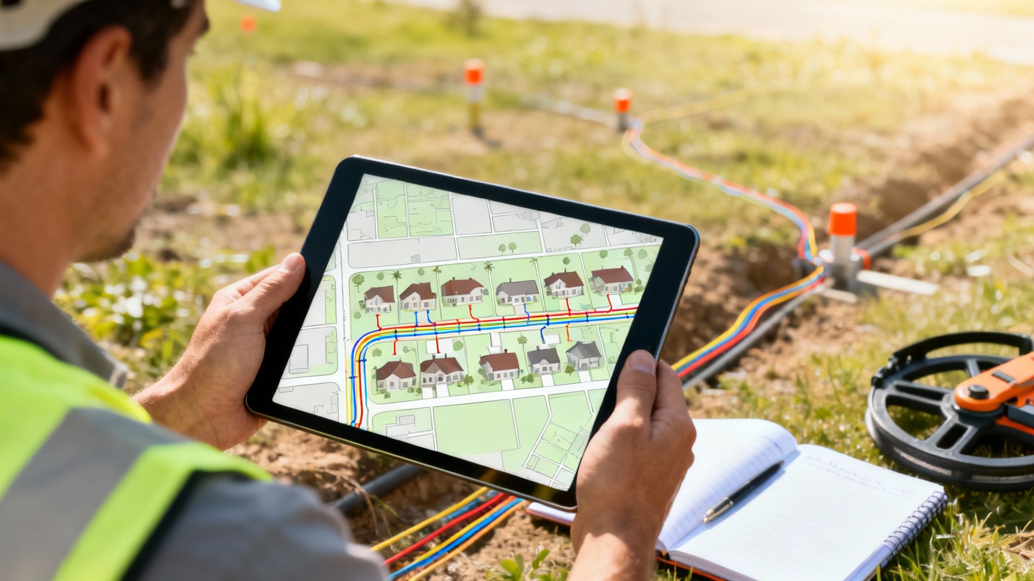 Engineer holding a tablet displaying a fiber optic network map on a construction site.