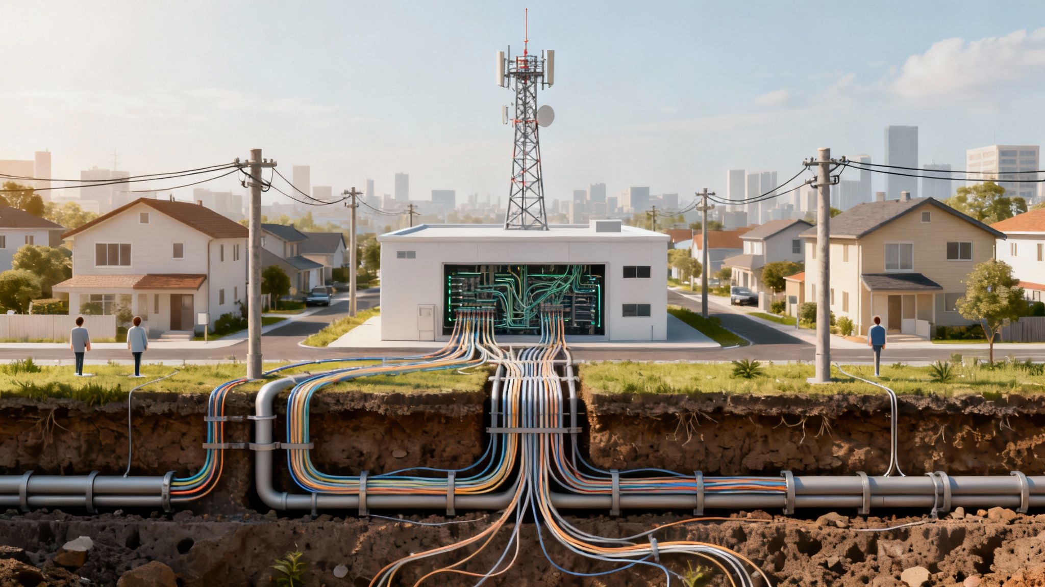 Cross-section of modern underground and overhead telecommunications infrastructure connecting homes to a central hub.