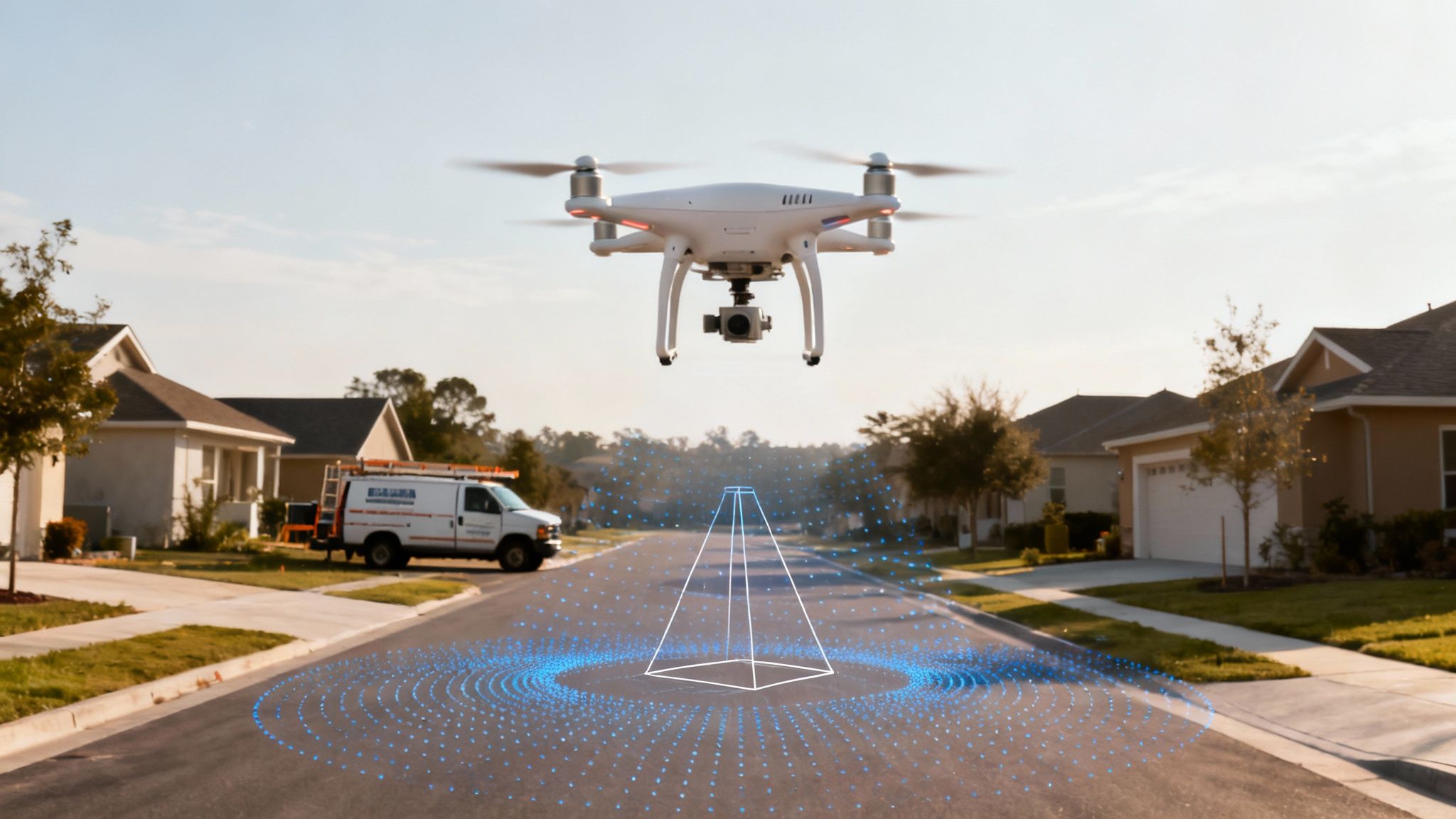 A white drone hovers above a residential street, displaying a blue scanning graphic on the asphalt.