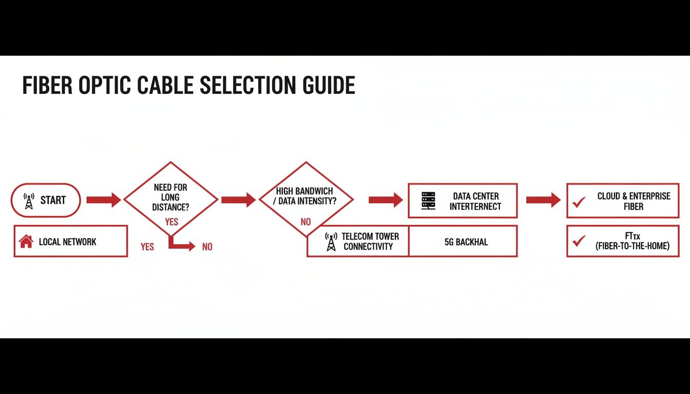 A flowchart guiding the selection of fiber optic cables based on distance, bandwidth, and application.
