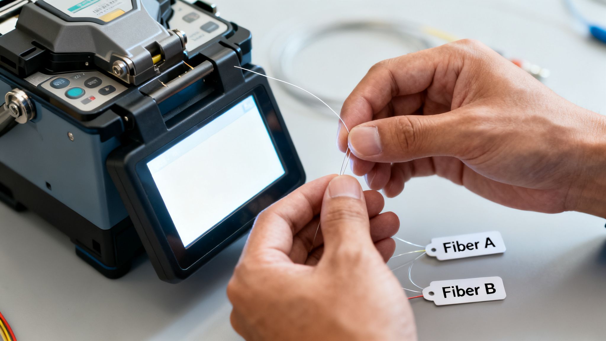 Technician carefully handles delicate fiber optic strands with A and B labels next to a fusion splicer.