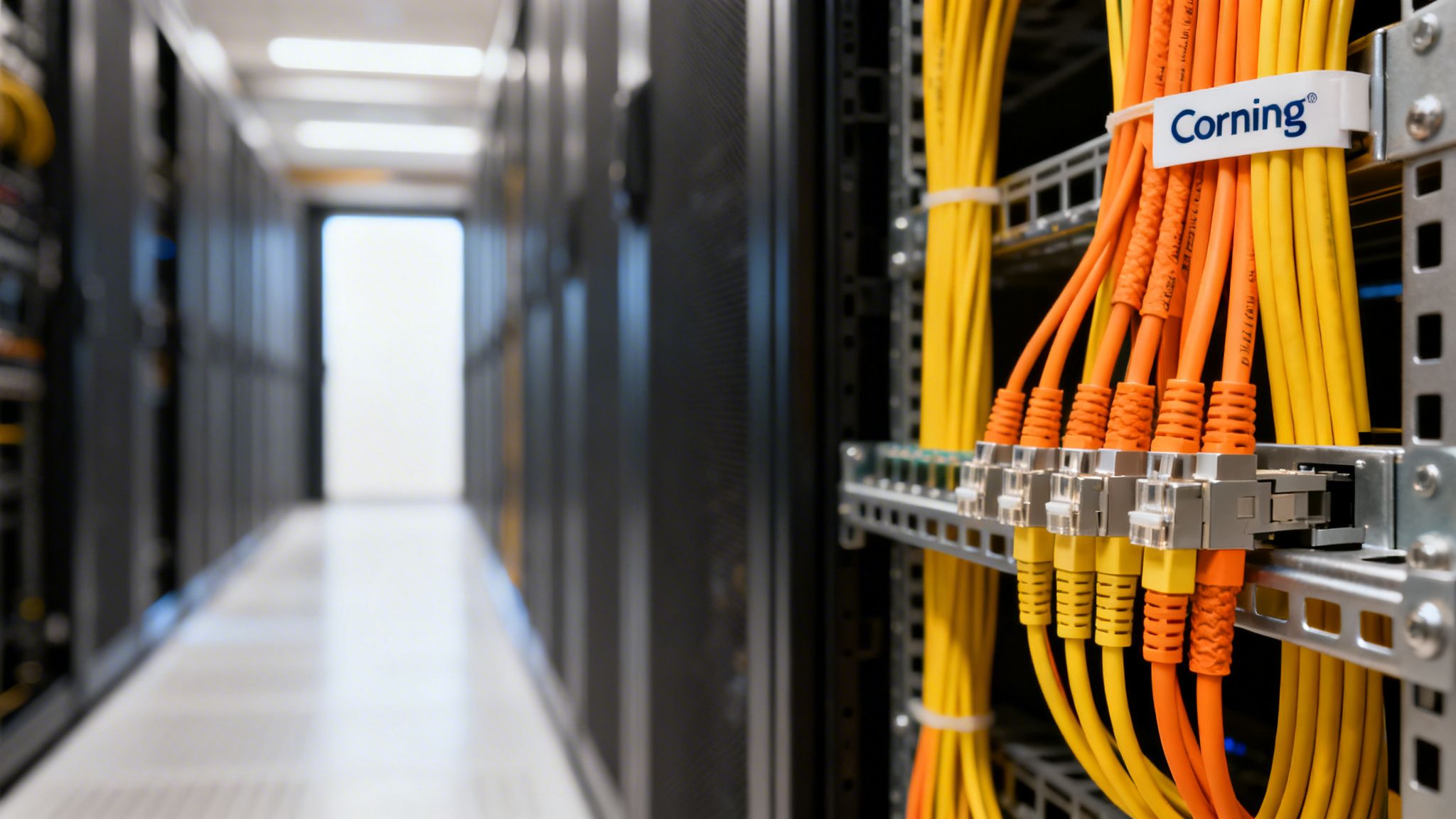 Bright yellow and orange Corning fiber optic cables neatly organized in a data center rack.