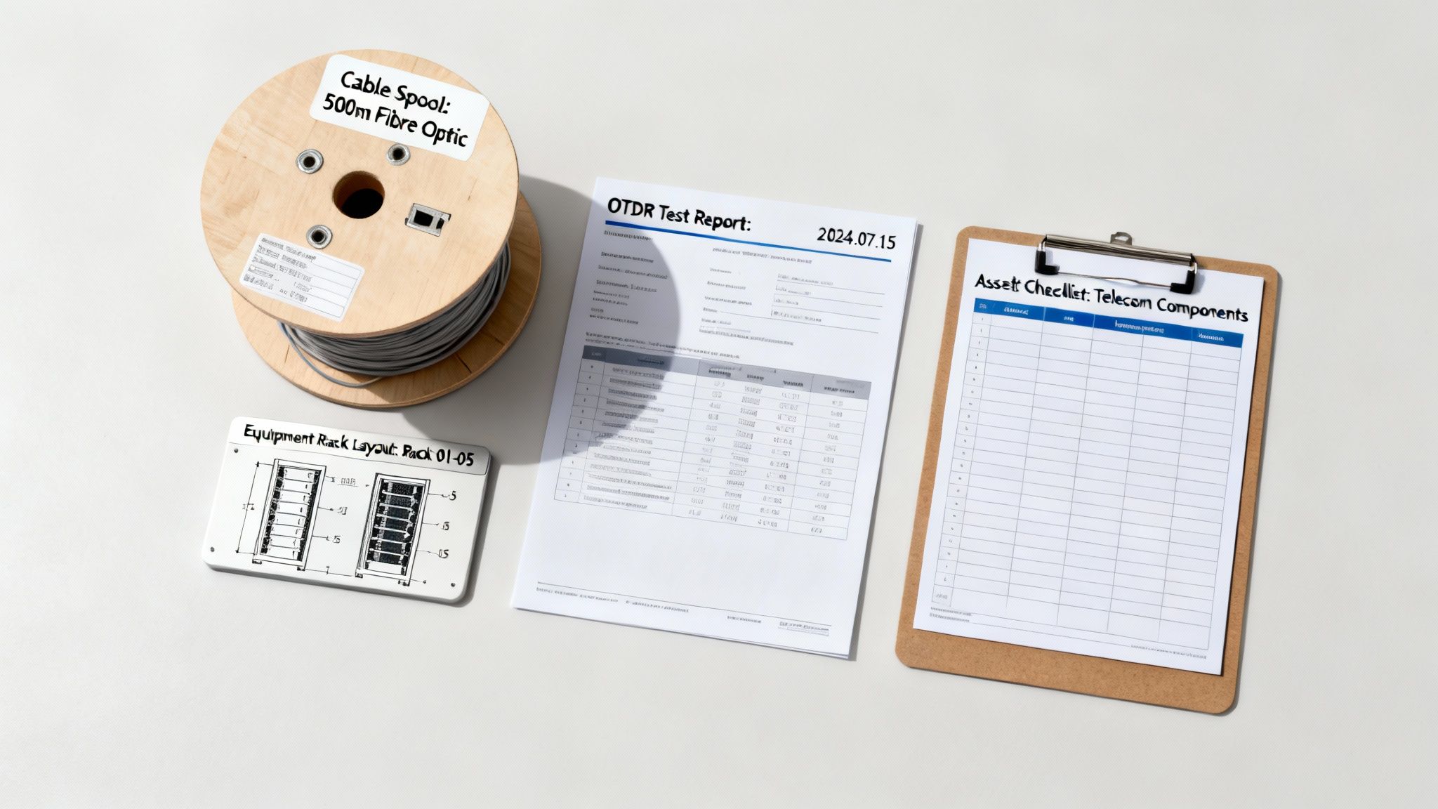 Telecom engineering documents: OTDR test report, asset checklist, rack layout, and fiber optic cable spool.