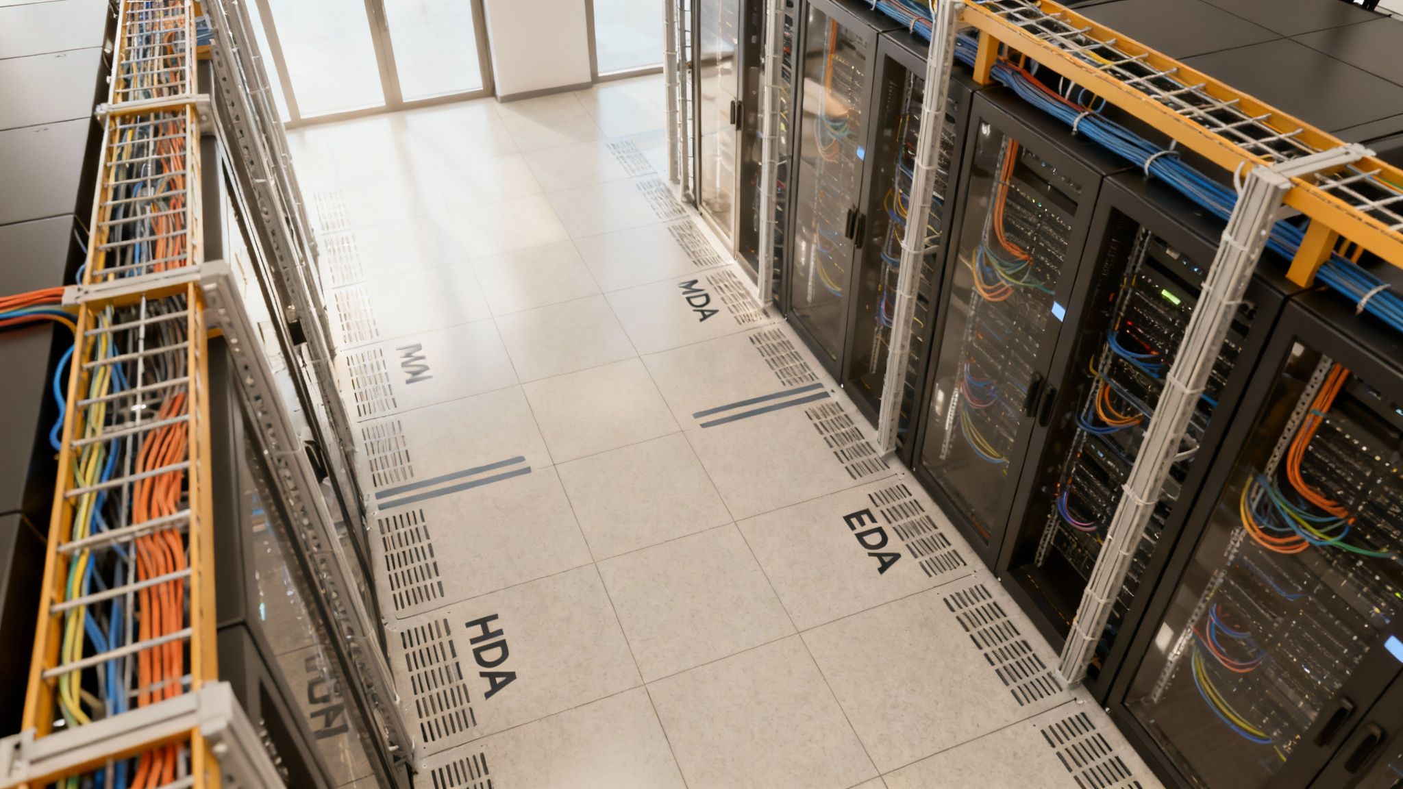 Overhead cable trays with organized colorful wiring in a modern data center facility.