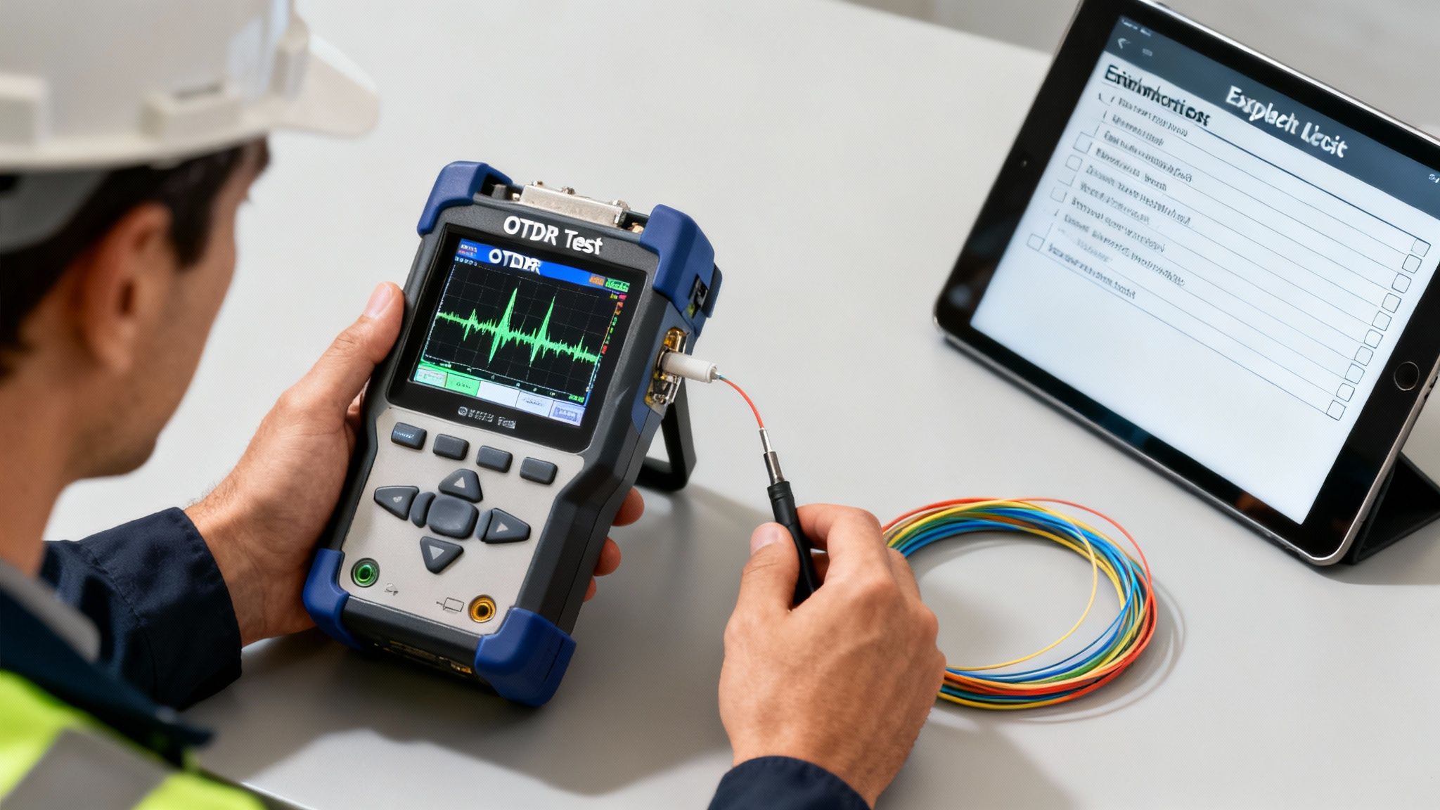 A technician tests fiber optic cables with an OTDR device and a tablet, ensuring network performance.
