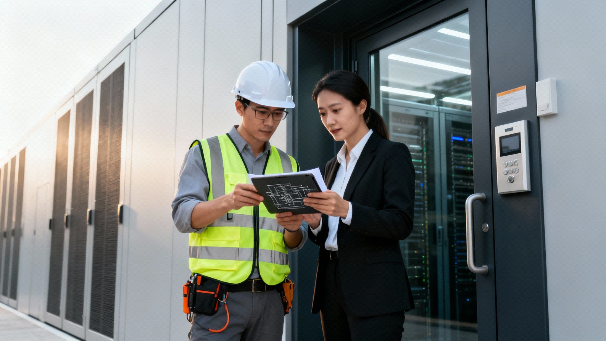 Two professionals, an engineer and a businesswoman, discuss plans outside a modern data center.
