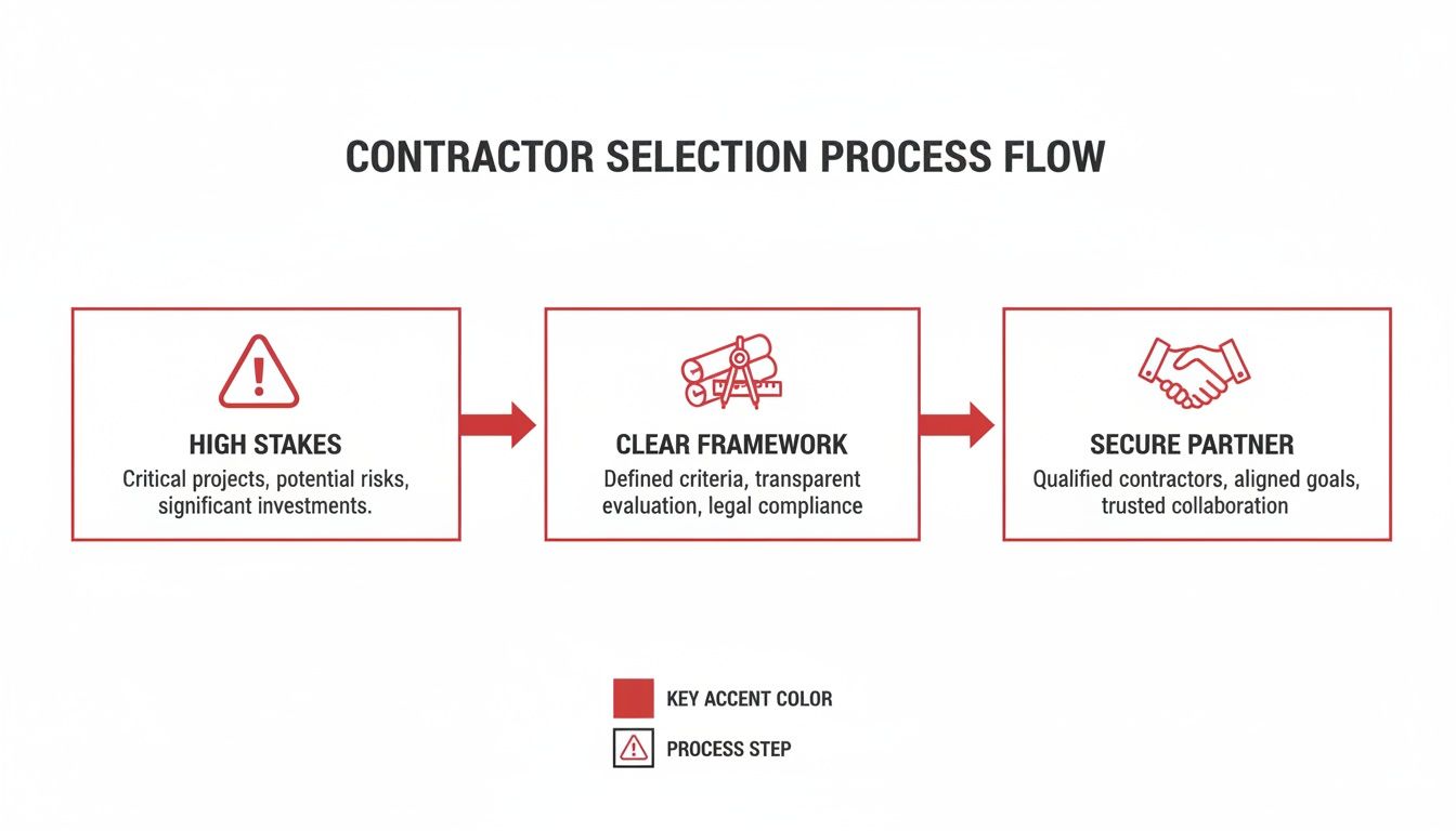 Flowchart illustrating the contractor selection process, detailing steps from high stakes to securing a trusted partner.