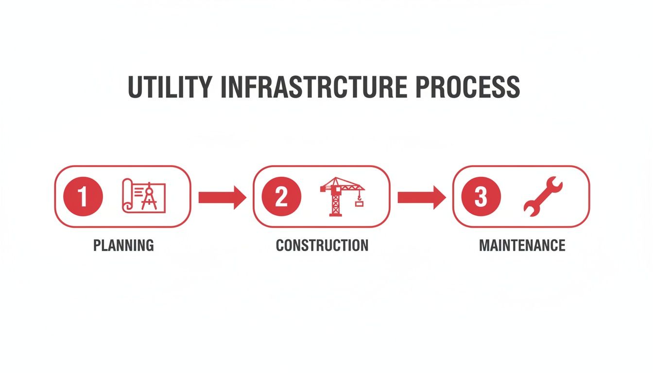 Diagram illustrating the utility infrastructure process with three stages: planning, construction, and maintenance.