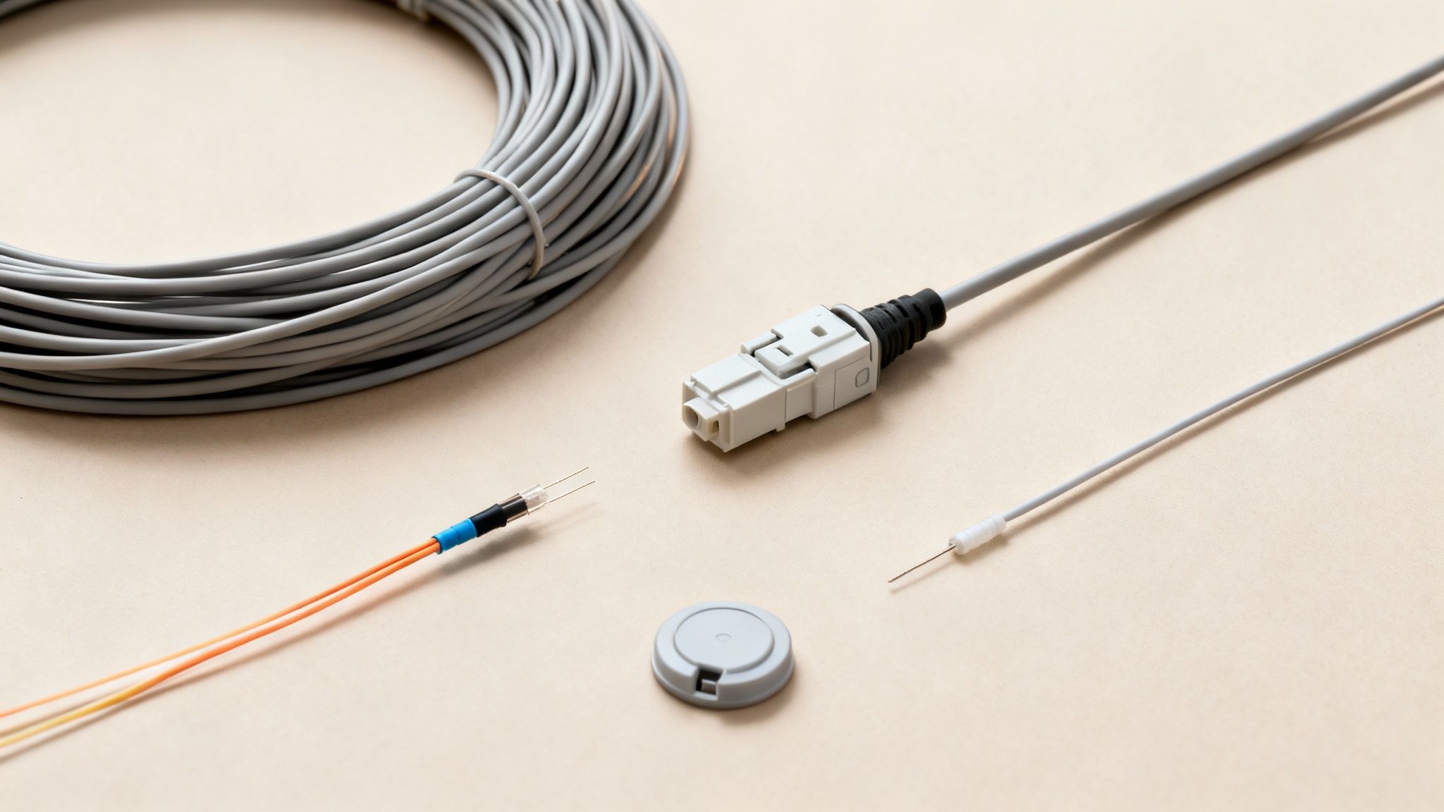 Assortment of fiber optic network cables, connectors, and tools laid out for communication setup.