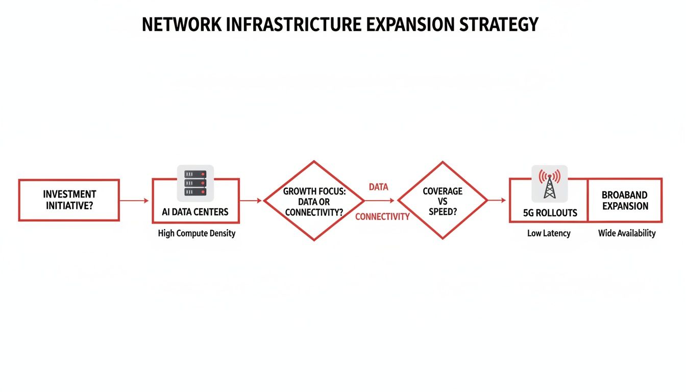 Flowchart depicting a network infrastructure expansion strategy, from investment initiative to 5G rollouts and broadband.