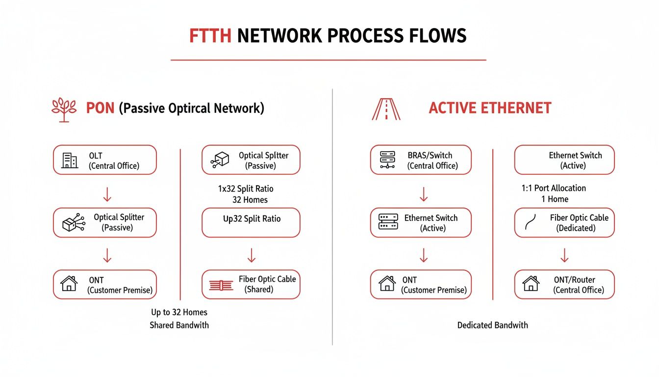 Diagram illustrating FTTH network process flows, comparing Passive Optical Network (PON) and Active Ethernet architectures.