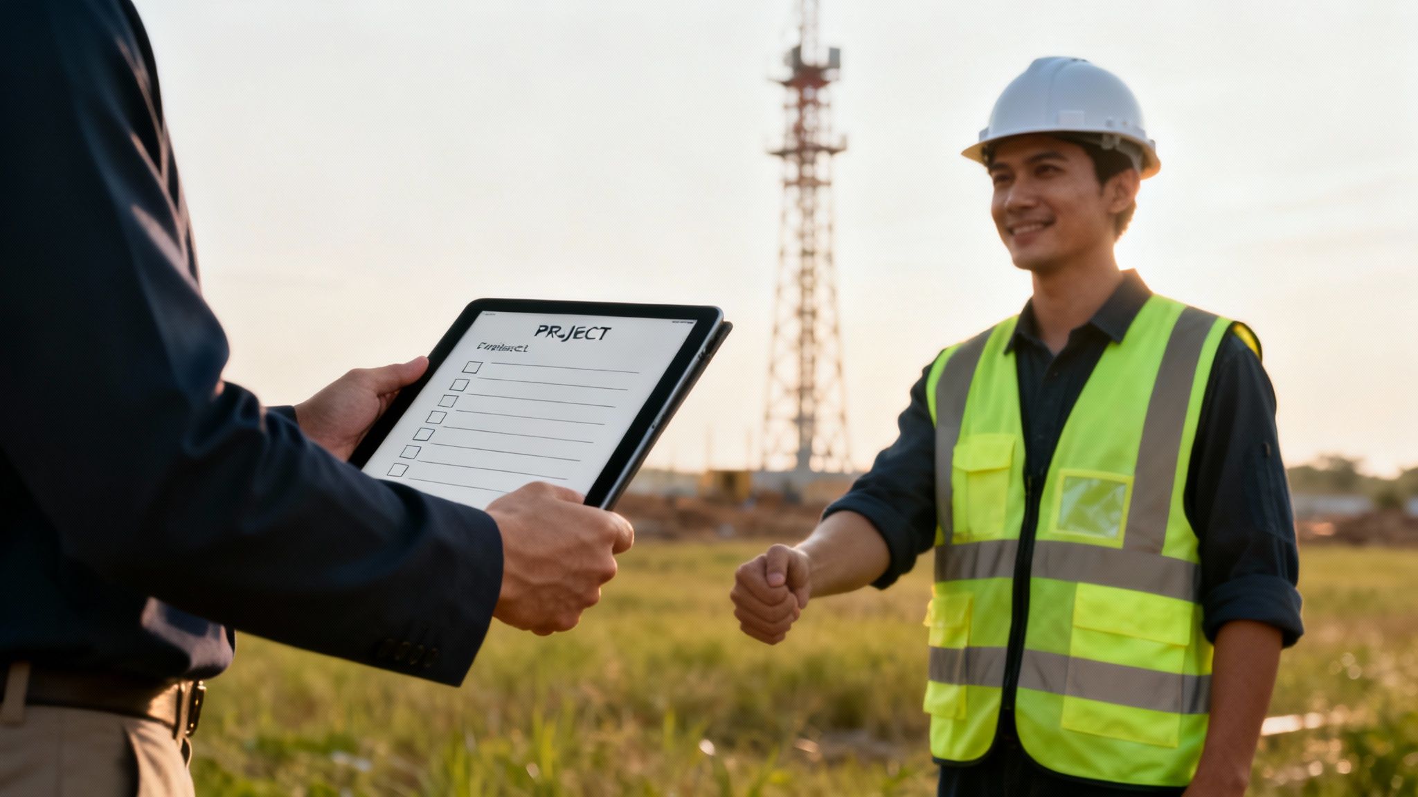 Two men, one in a suit and one in a hard hat, reviewing a project checklist on a tablet at a construction site.