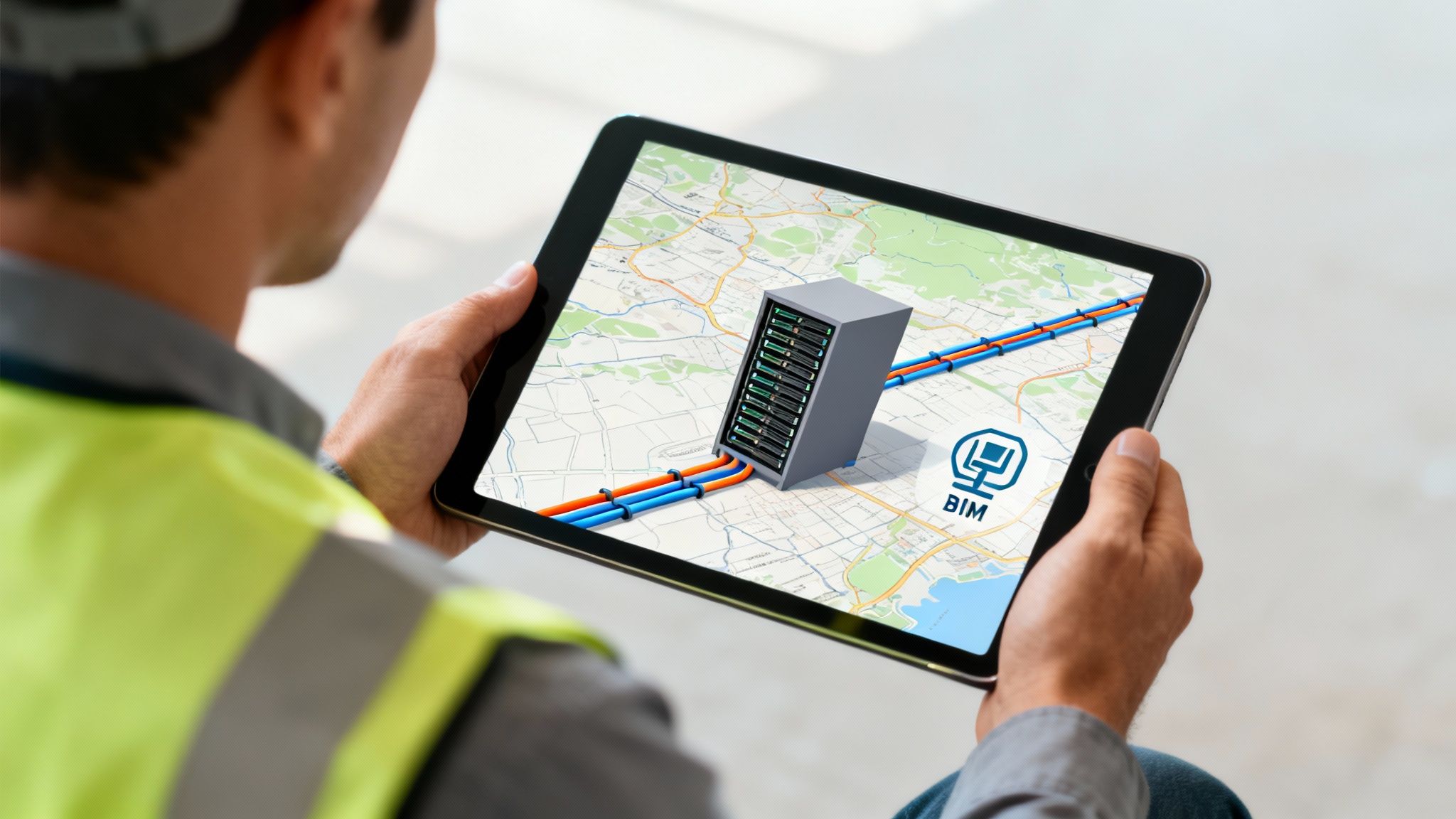 Construction worker using a tablet to visualize underground utilities and a server on a map.