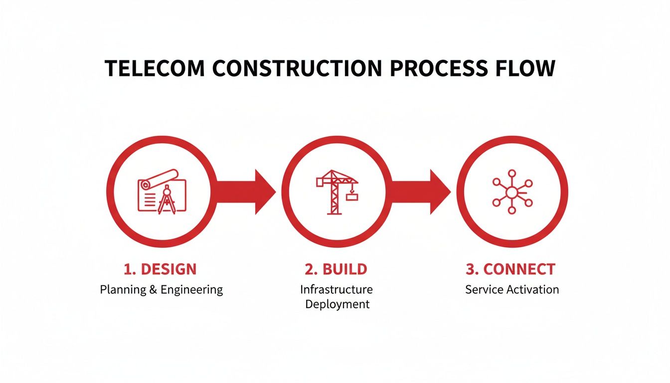 Diagram showing the telecom construction process flow, including design, build, and connect stages.