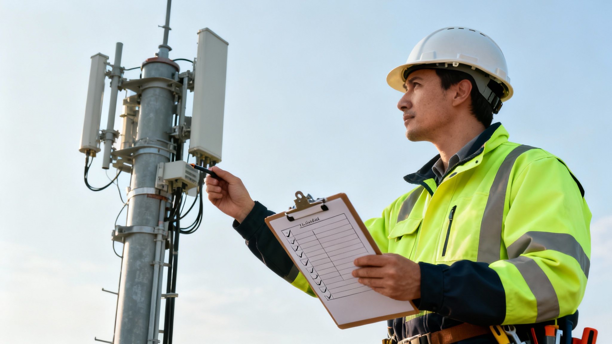 A male engineer in a hard hat and high-visibility jacket inspects a cellular tower, holding a checklist.